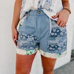Oversized Patchwork Shorts - Blue Multi - Lace and Grace Boutique