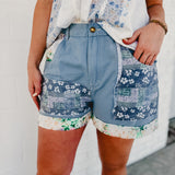 Oversized Patchwork Shorts - Blue Multi - Lace and Grace Boutique