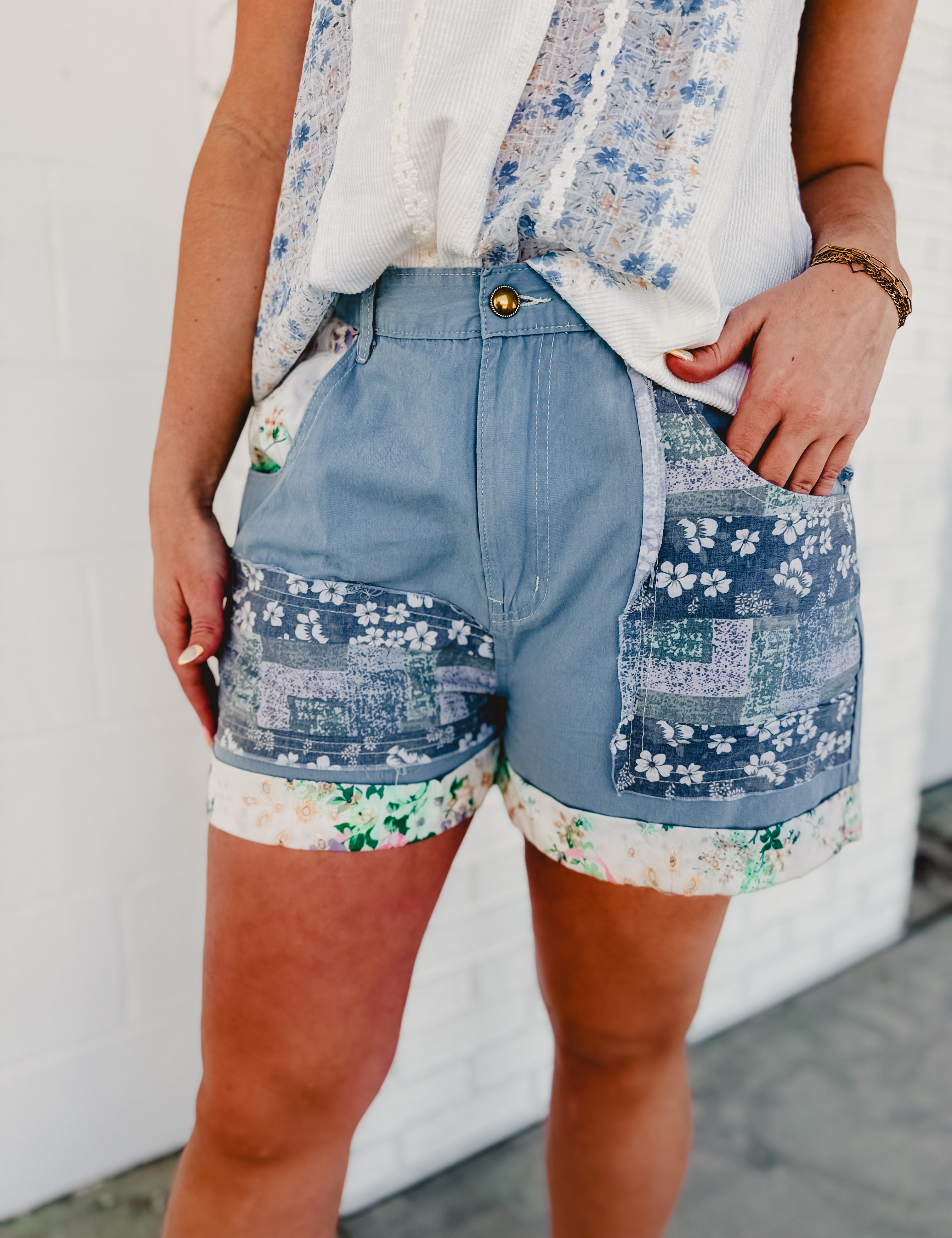 Oversized Patchwork Shorts - Blue Multi - Lace and Grace Boutique