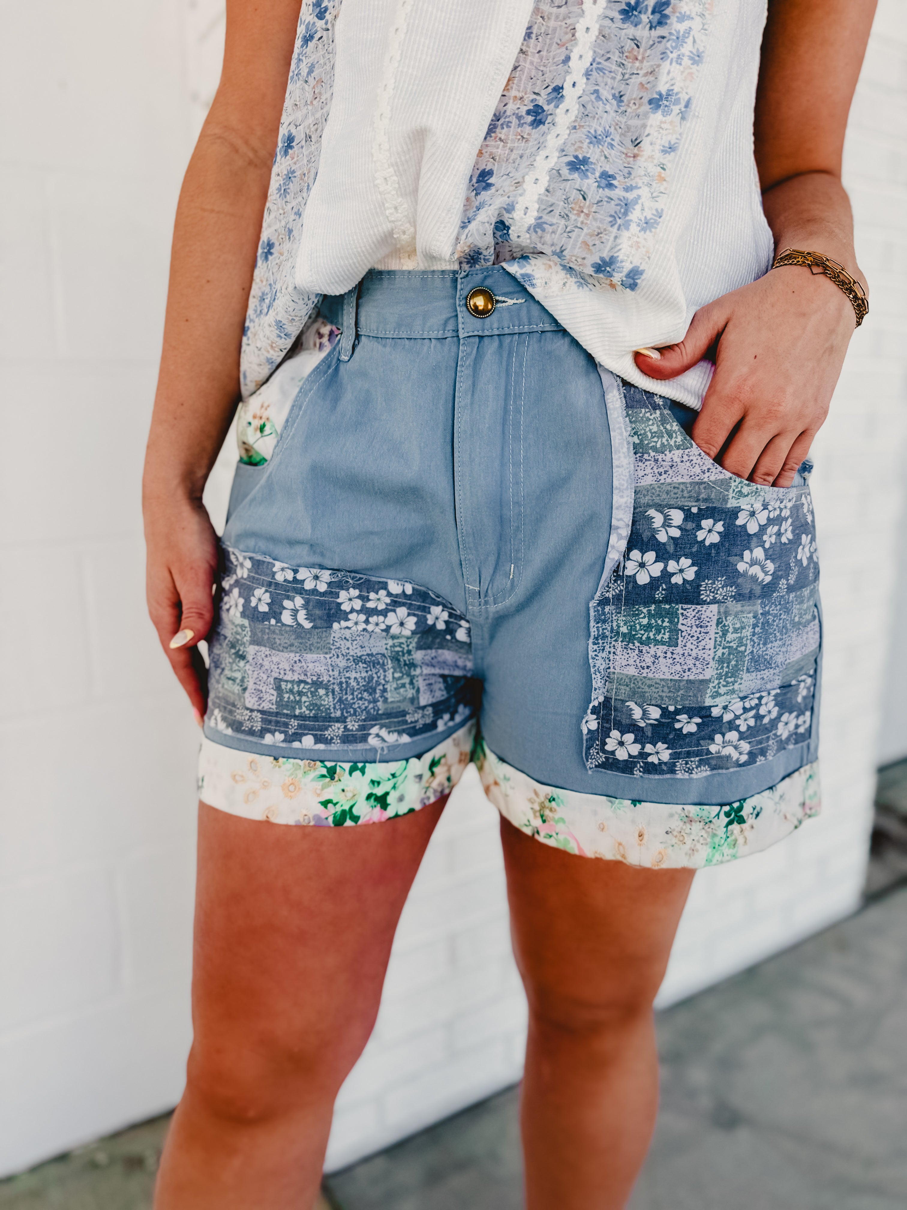 Oversized Patchwork Shorts - Blue Multi - Lace and Grace Boutique