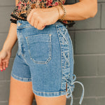 High Waisted Side Lace Up Denim Shorts - Lace and Grace Boutique