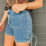High Waisted Side Lace Up Denim Shorts - Lace and Grace Boutique