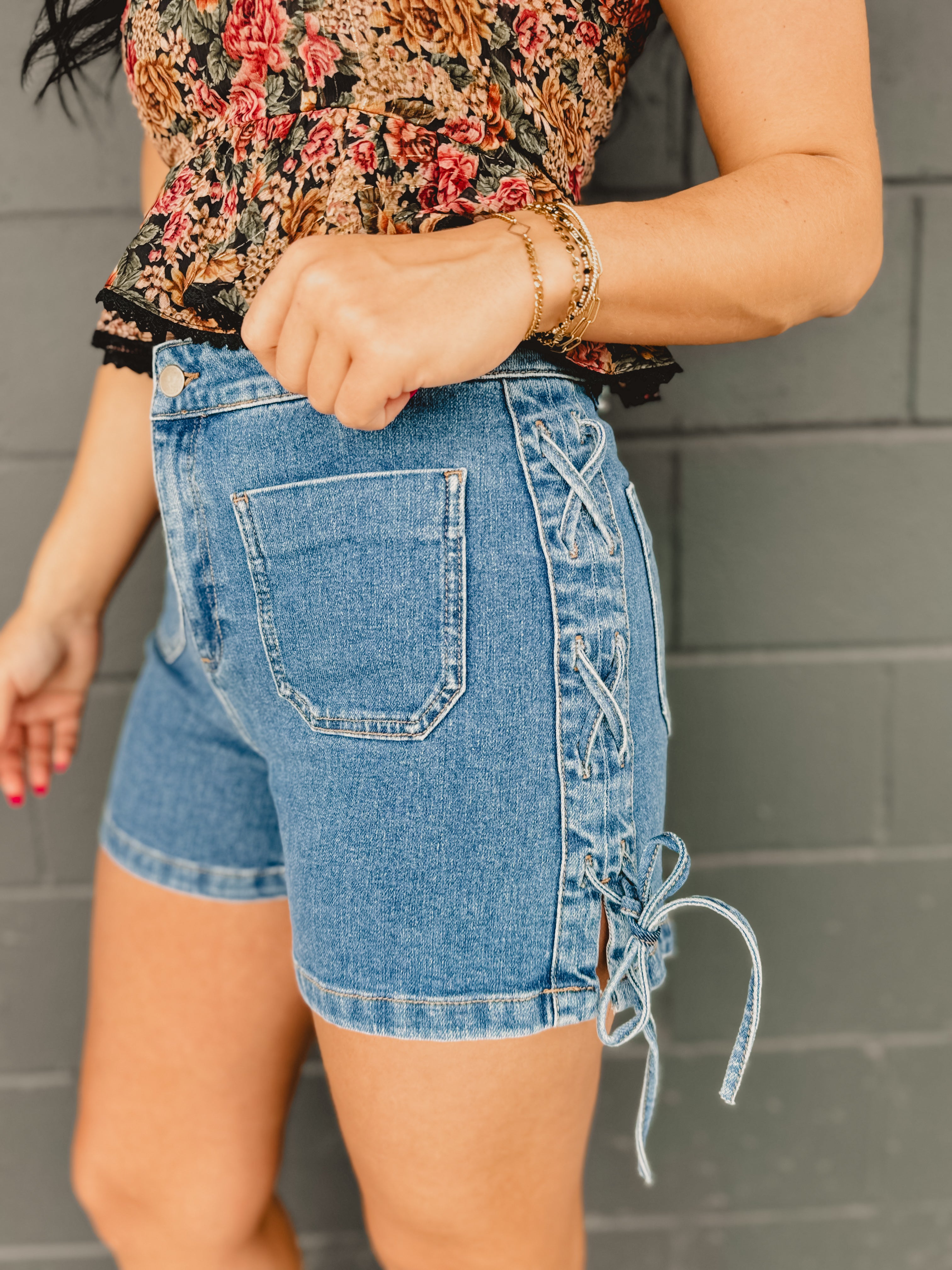 High Waisted Side Lace Up Denim Shorts - Lace and Grace Boutique