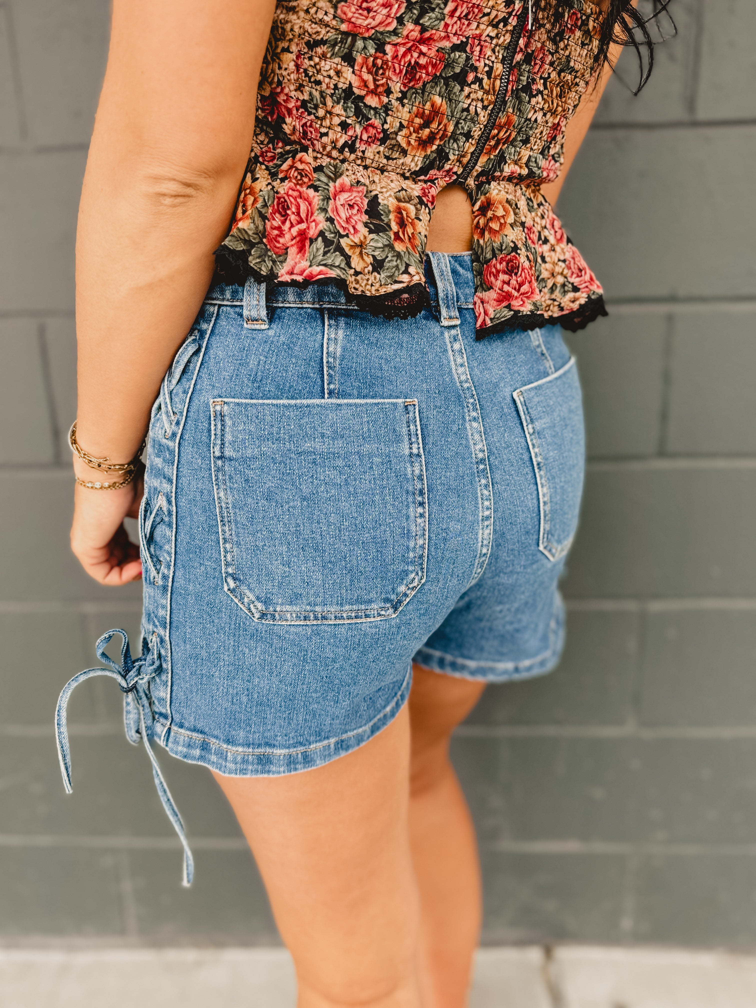 High Waisted Side Lace Up Denim Shorts - Lace and Grace Boutique