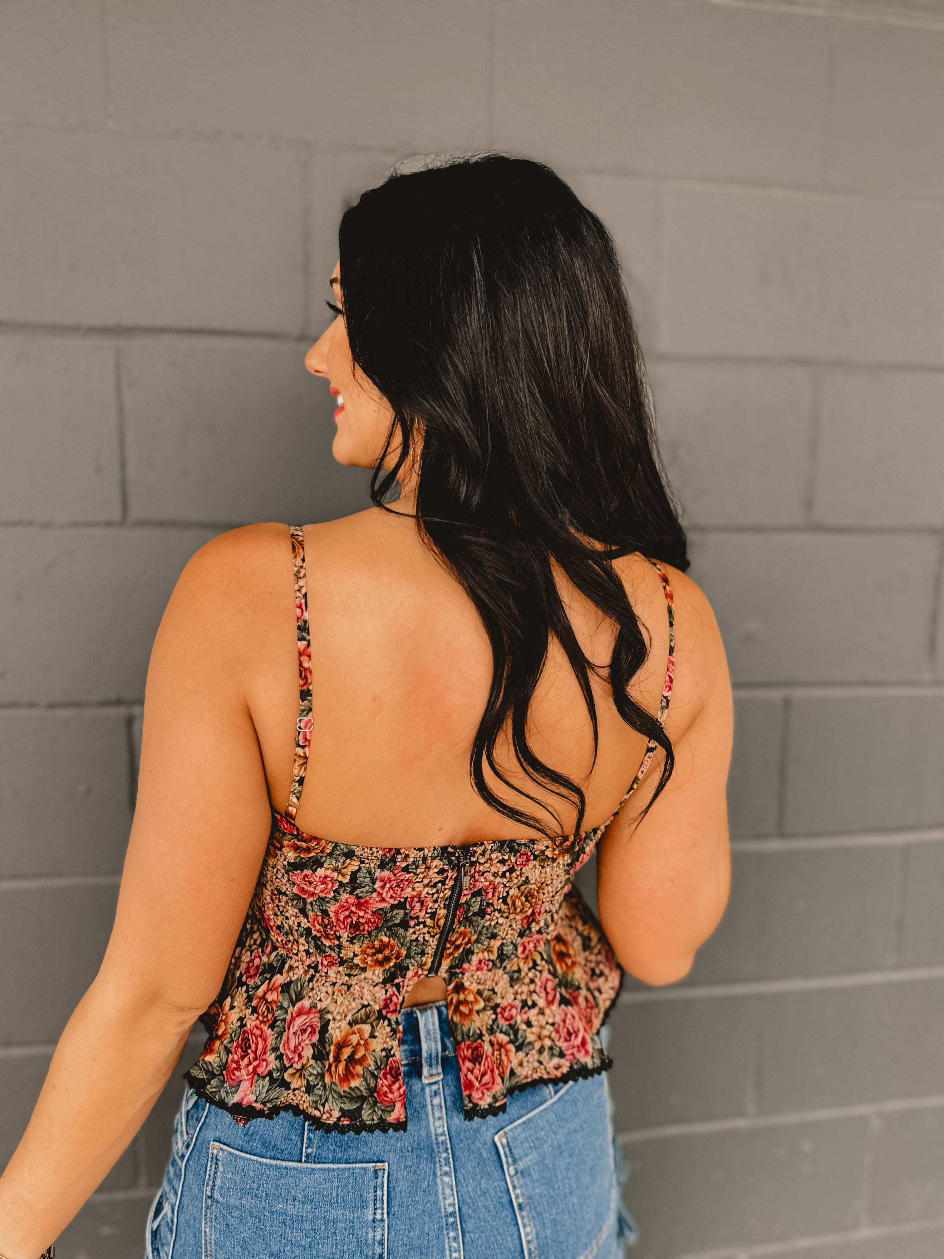 Vintage Floral Print Flared Cami Top - Rose/Black - Lace and Grace Boutique