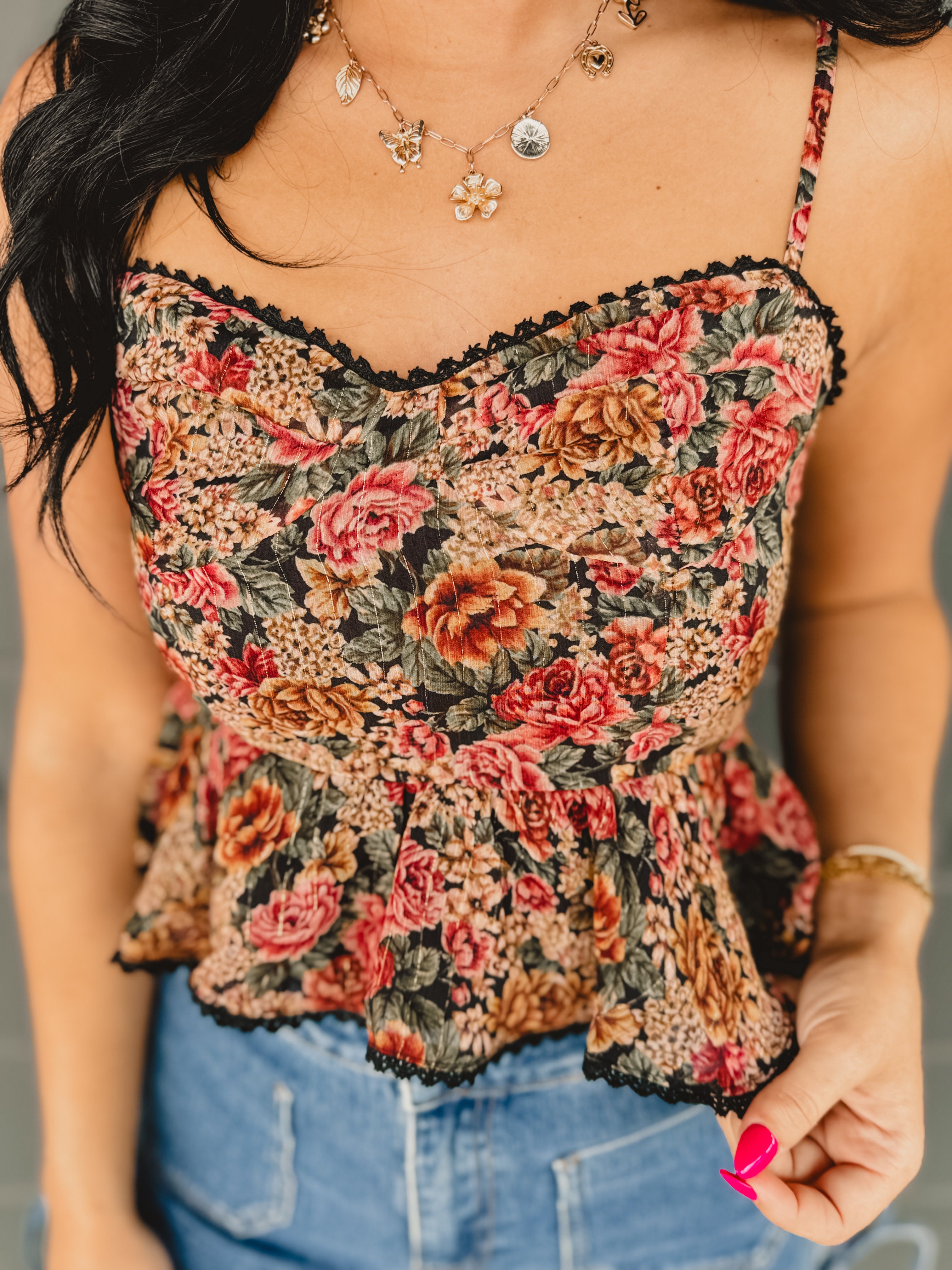 Vintage Floral Print Flared Cami Top - Rose/Black - Lace and Grace Boutique