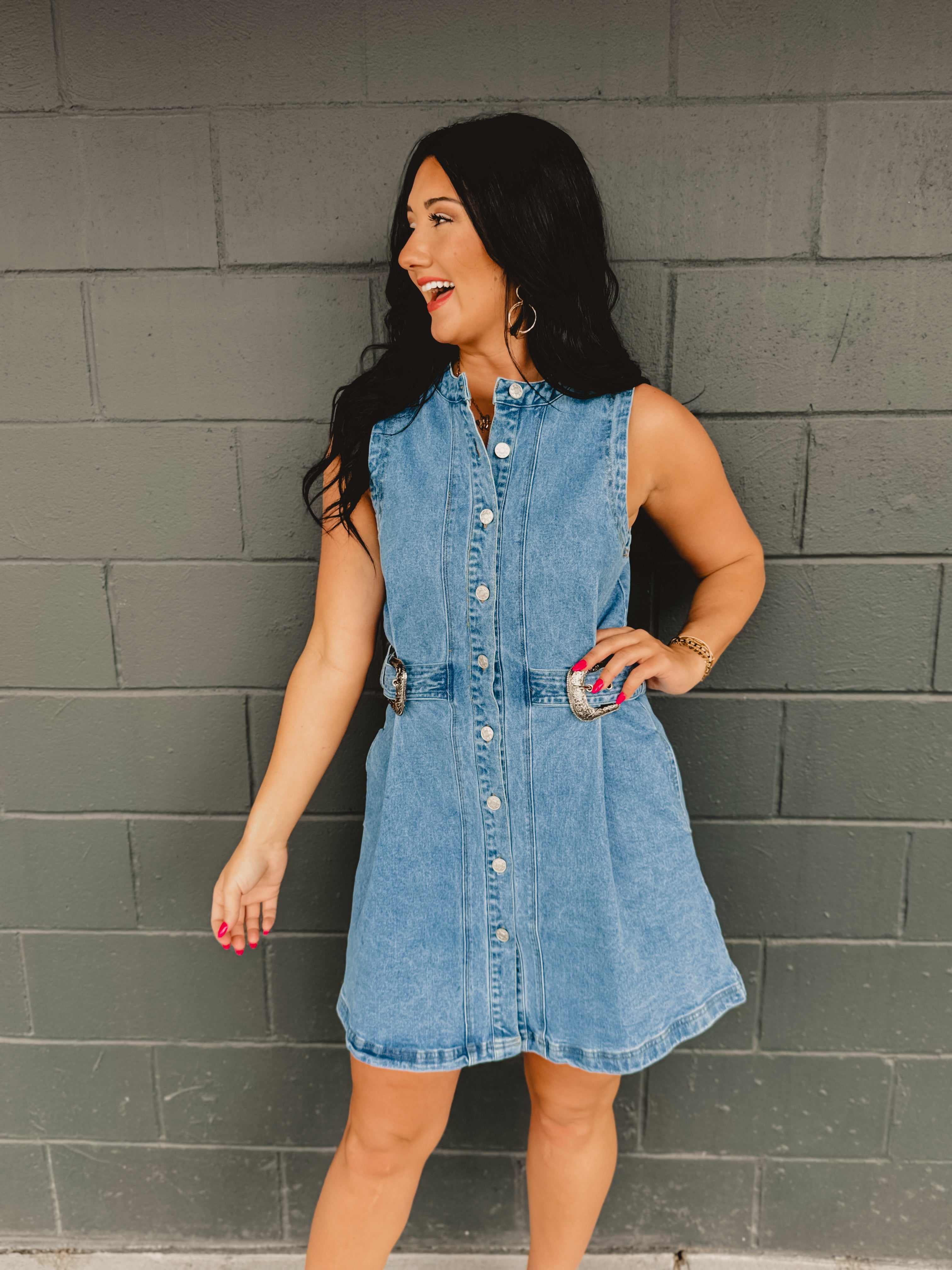 Sleeveless Button Up Denim Mini Dress - Lace and Grace Boutique