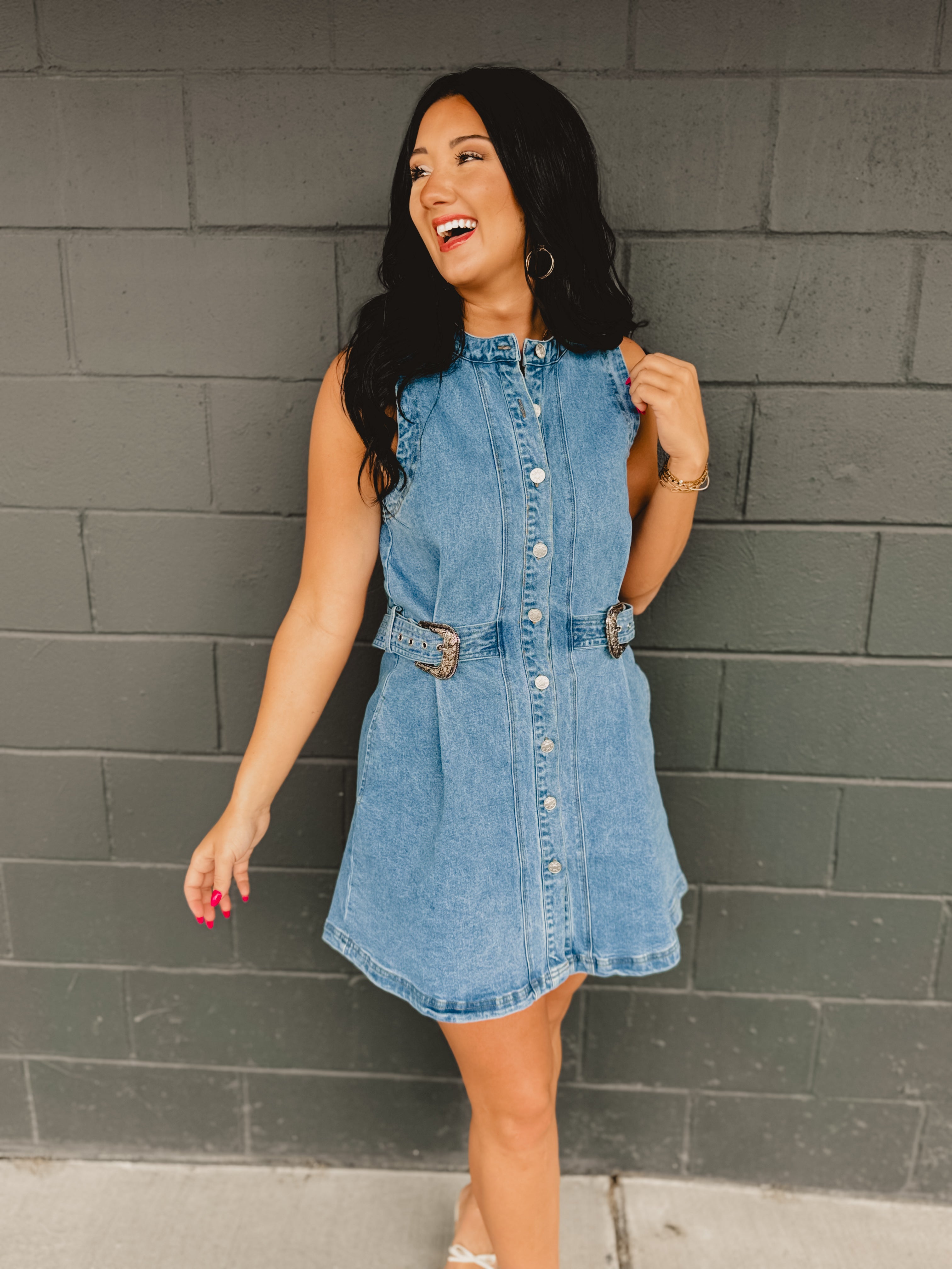 Sleeveless Button Up Denim Mini Dress - Lace and Grace Boutique