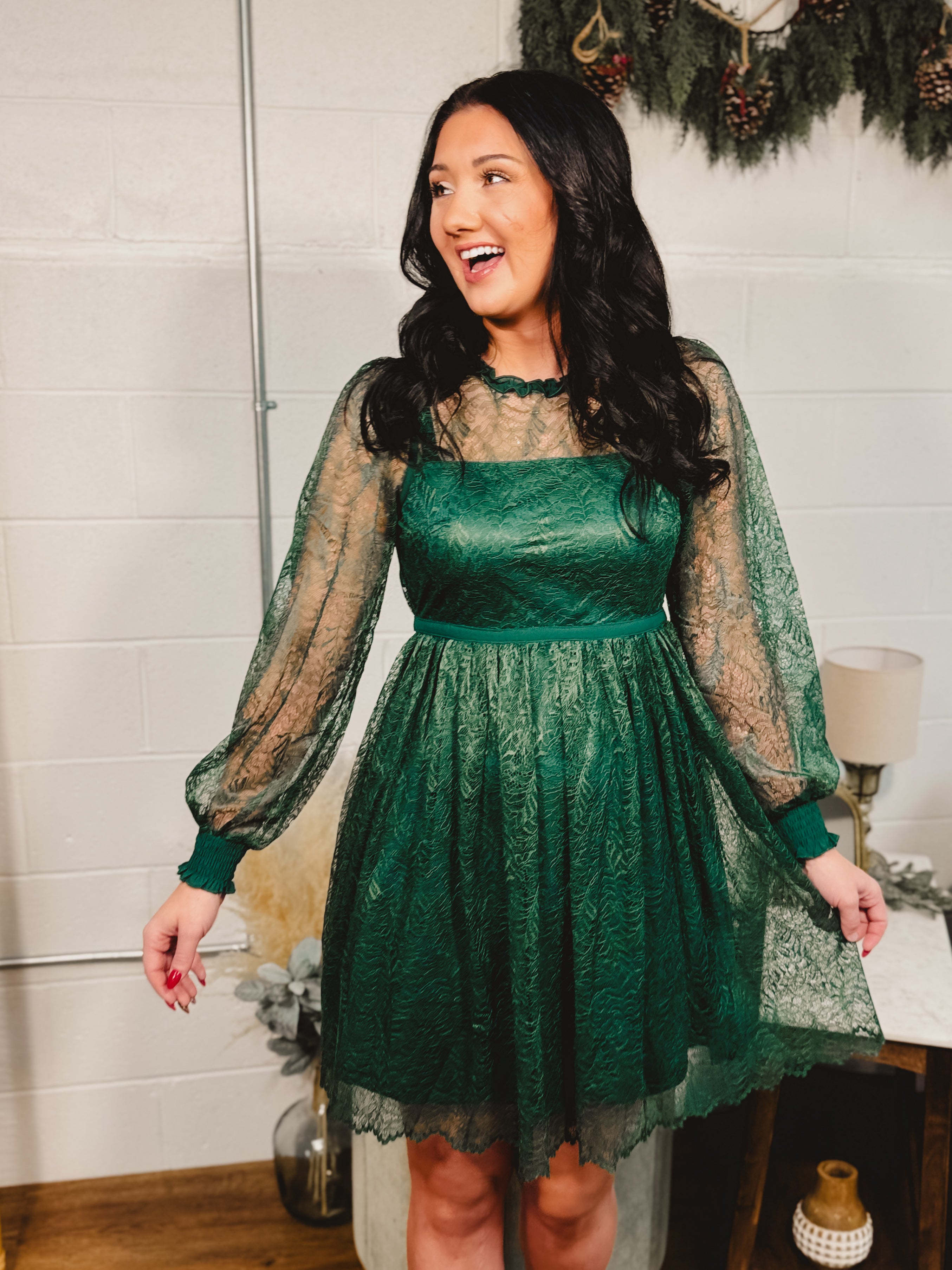 Lace Detail Long Sleeve Mini Dress - Emerald Large Lace Detail Long Sleeve Mini Dress - Emerald Large