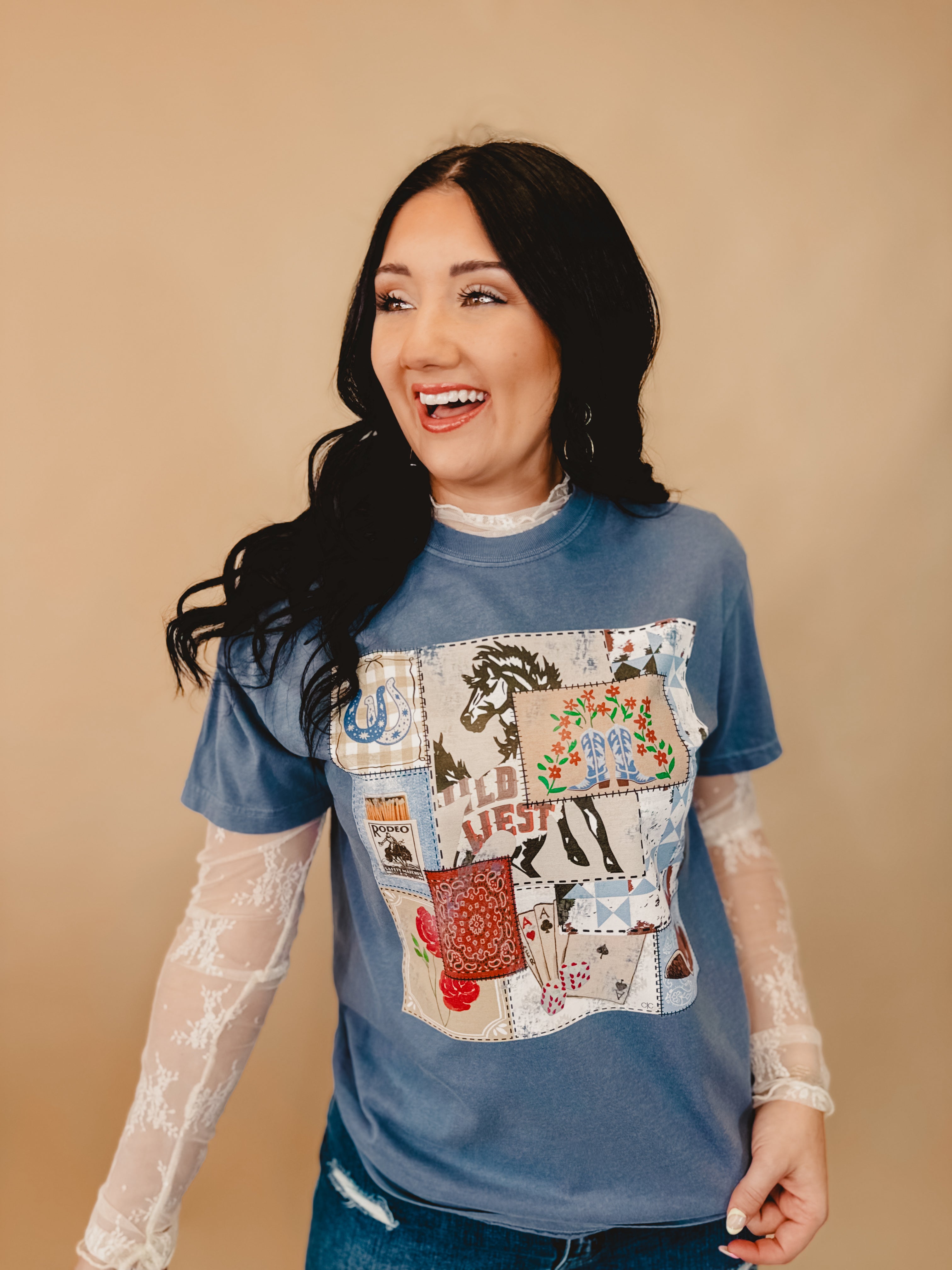Rodeo Western Patch Graphic Tee - Denim Blue - Lace and Grace Boutique