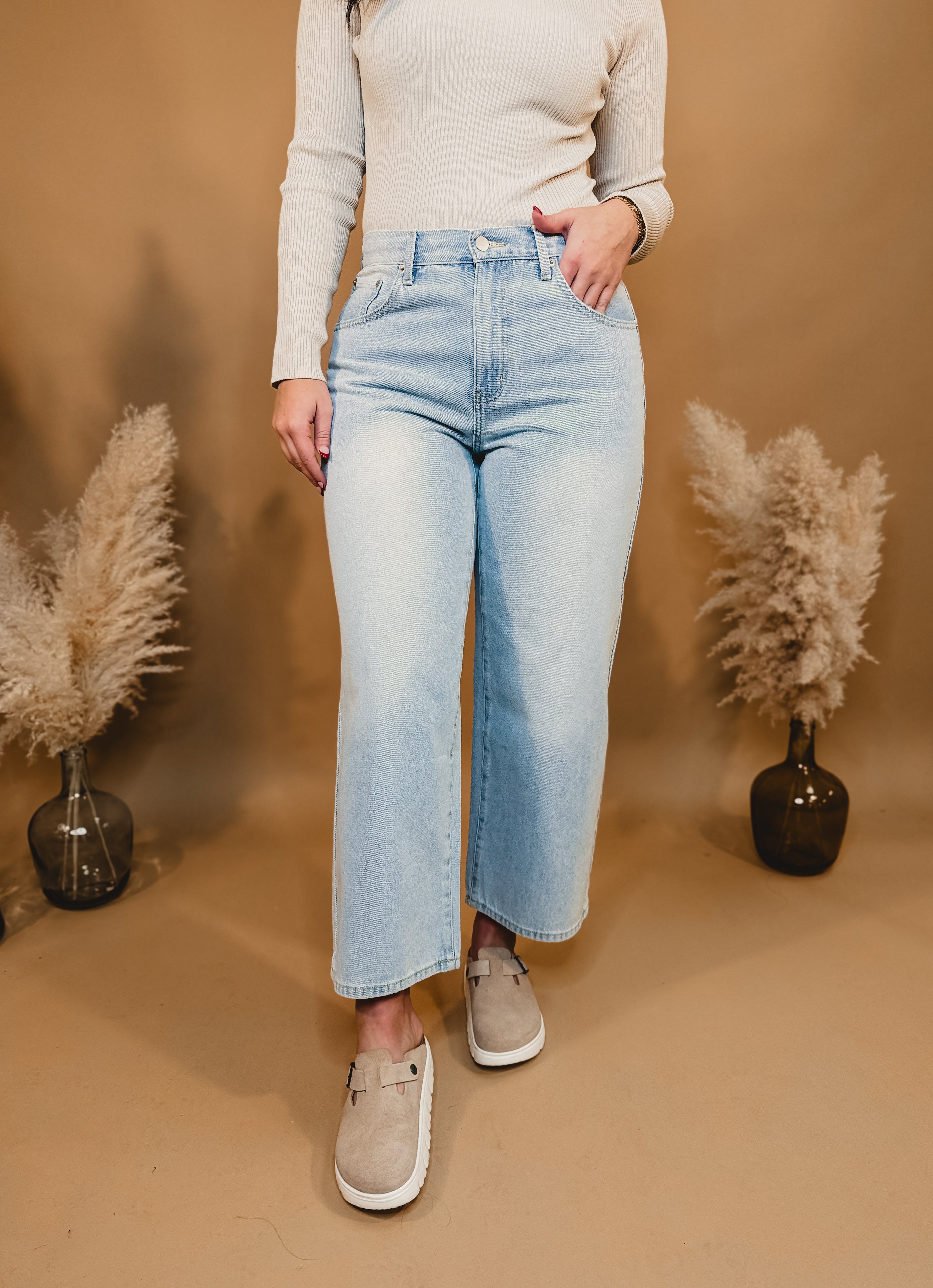 Lucy Adjustable Waist Crop Denim Jeans - Ice Denim - Lace and Grace Boutique