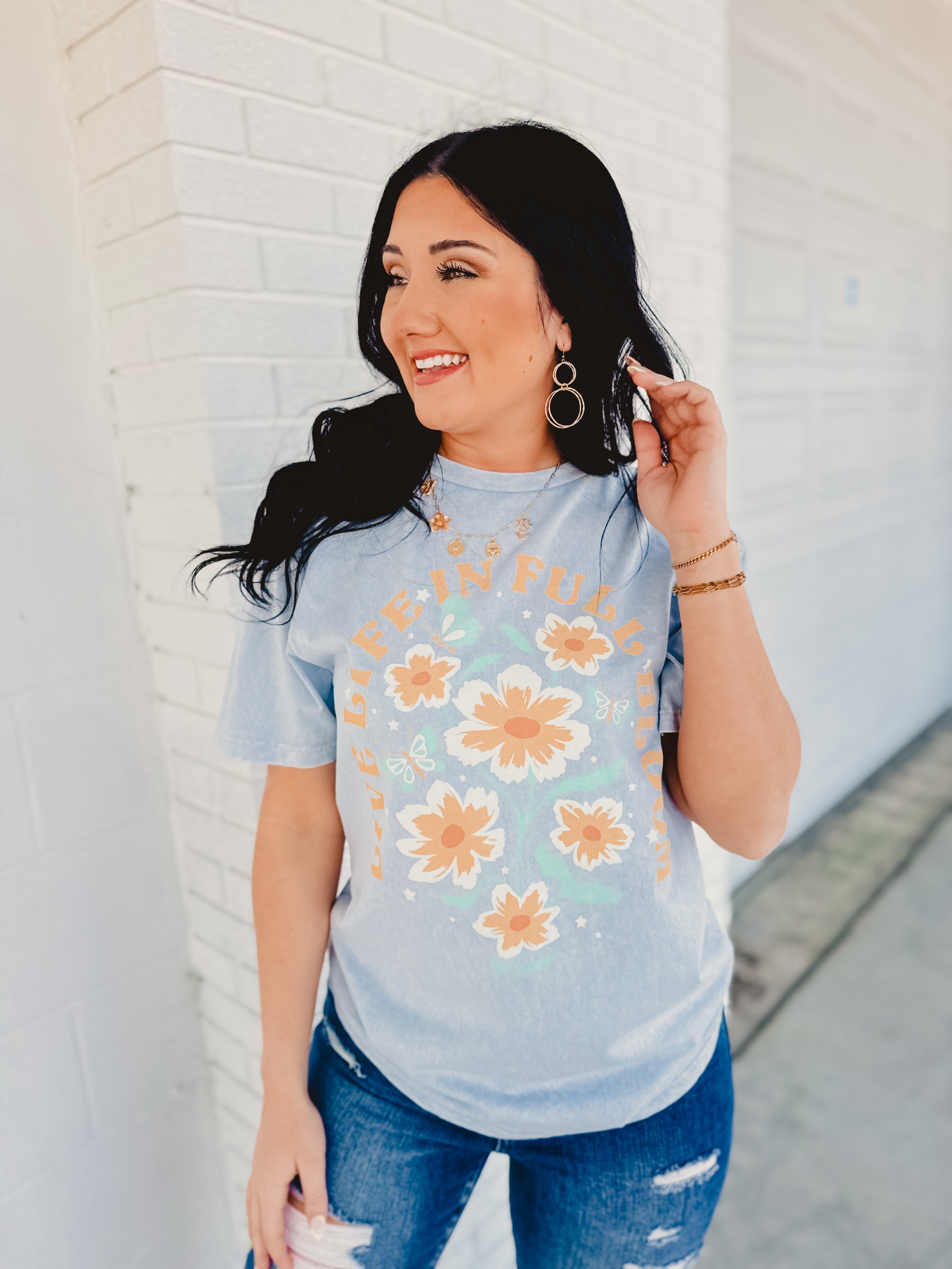 Live Life In Full Bloom Tee - Light Blue - Lace and Grace Boutique