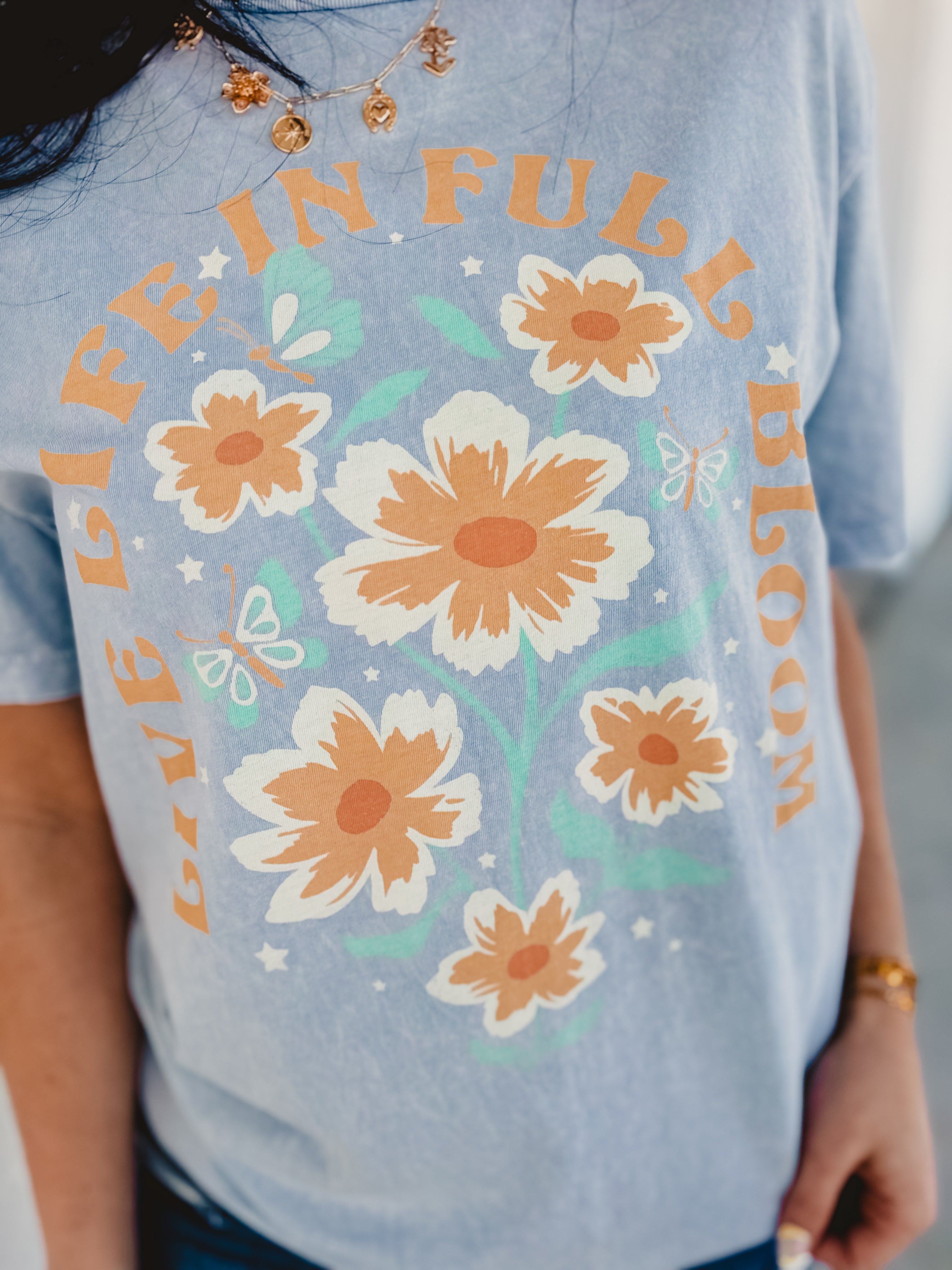 Live Life In Full Bloom Tee - Light Blue - Lace and Grace Boutique