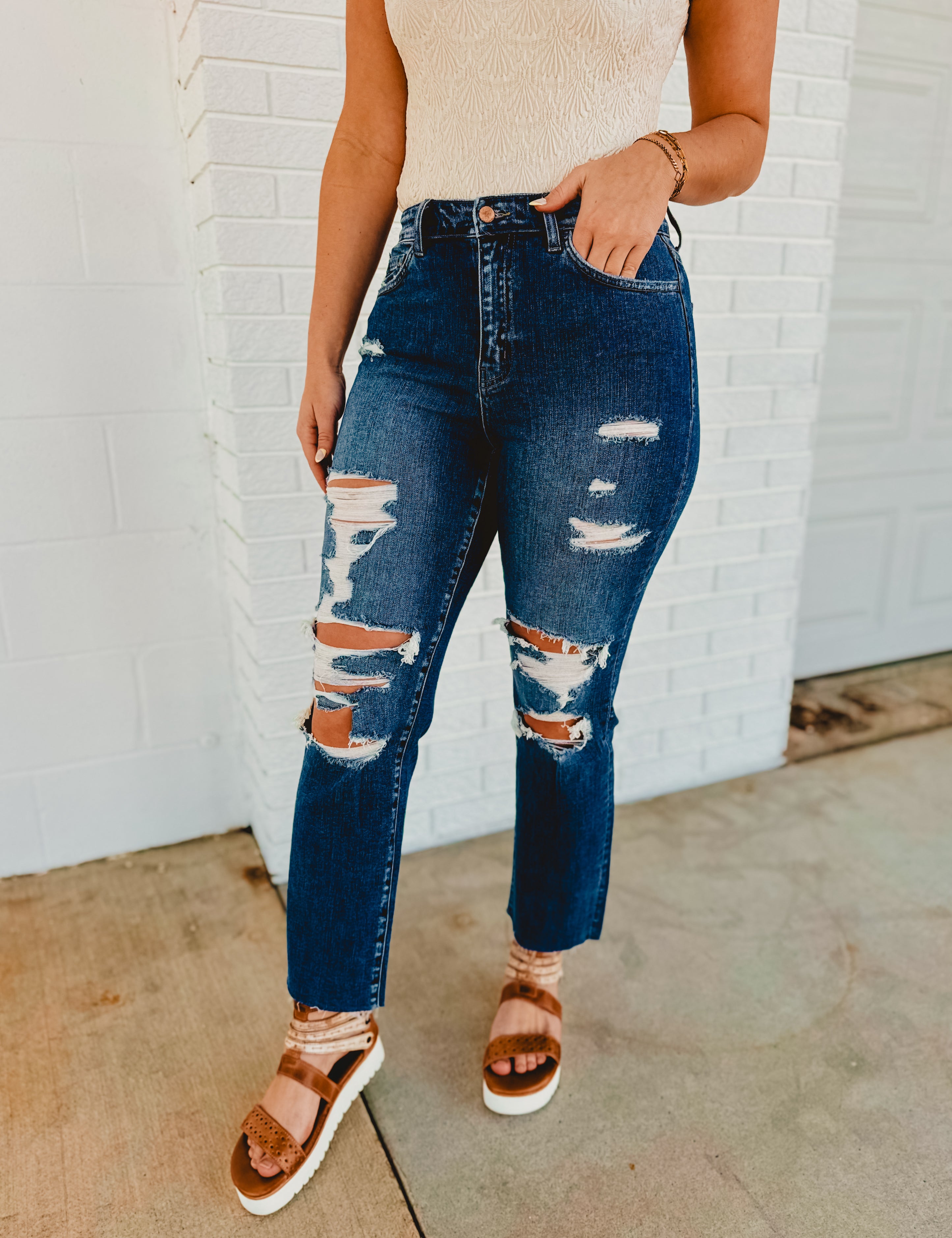 Nova High Rise Distressed Straight Jeans - Lace and Grace Boutique