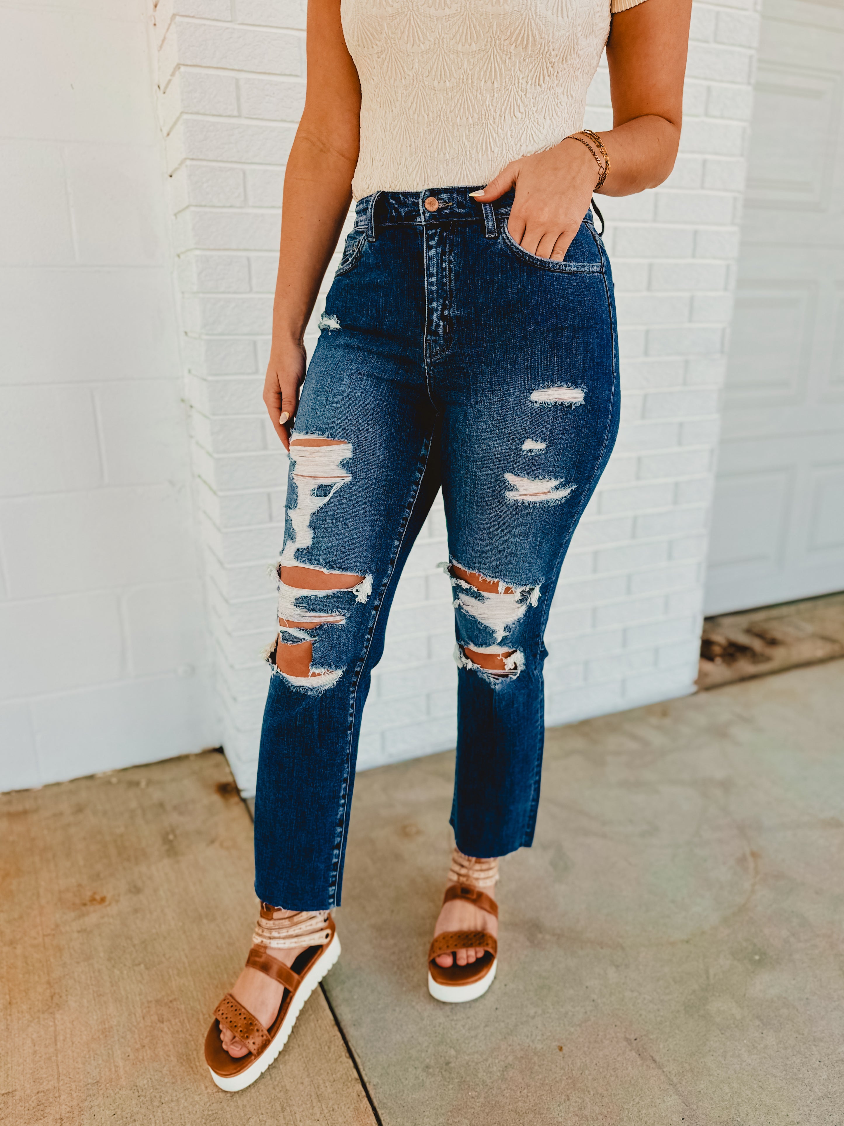 Nova High Rise Distressed Straight Jeans - Lace and Grace Boutique