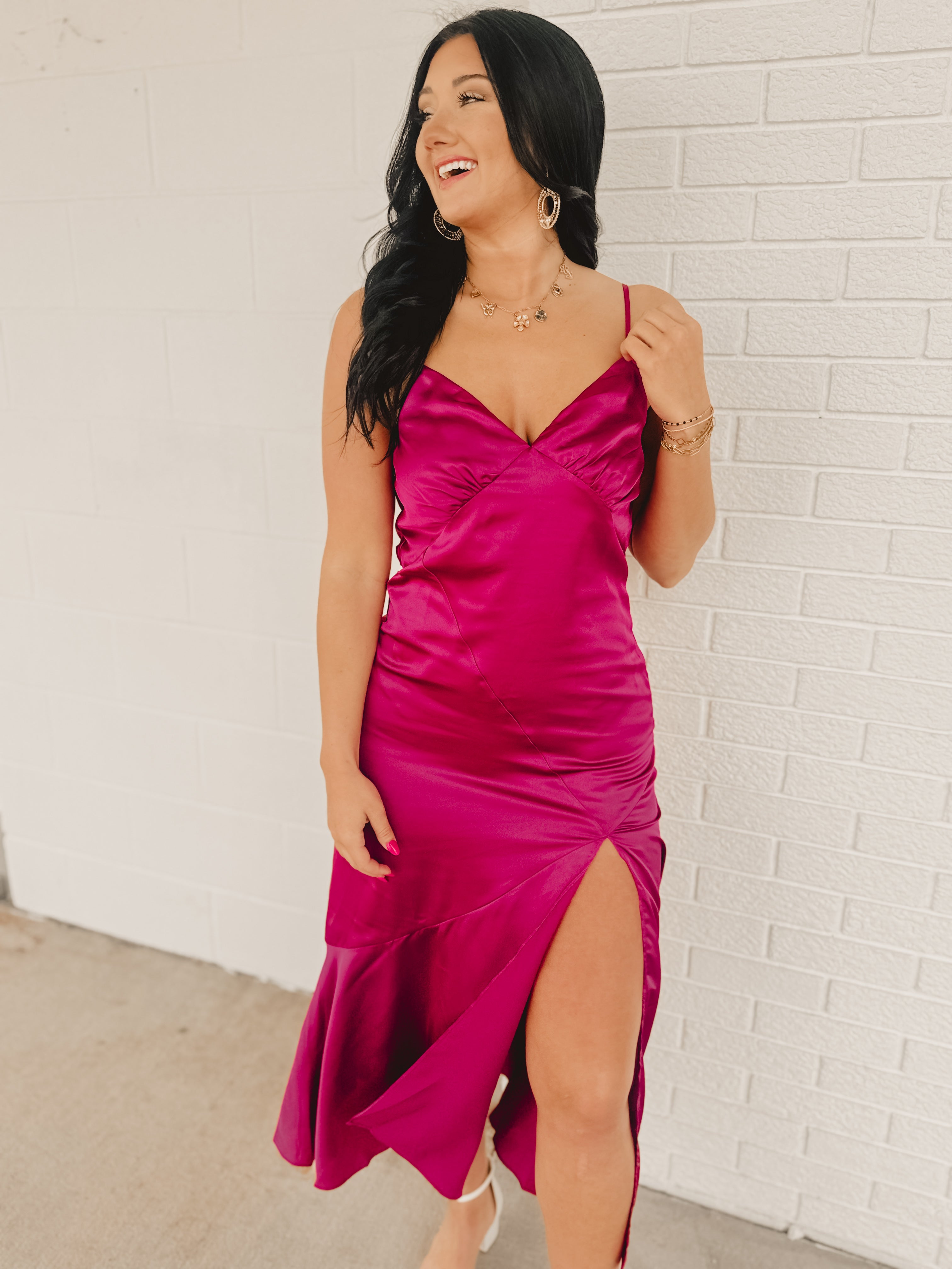 Tie-Back & Slit Midi Slip Dress - Deep Claret - Lace and Grace Boutique