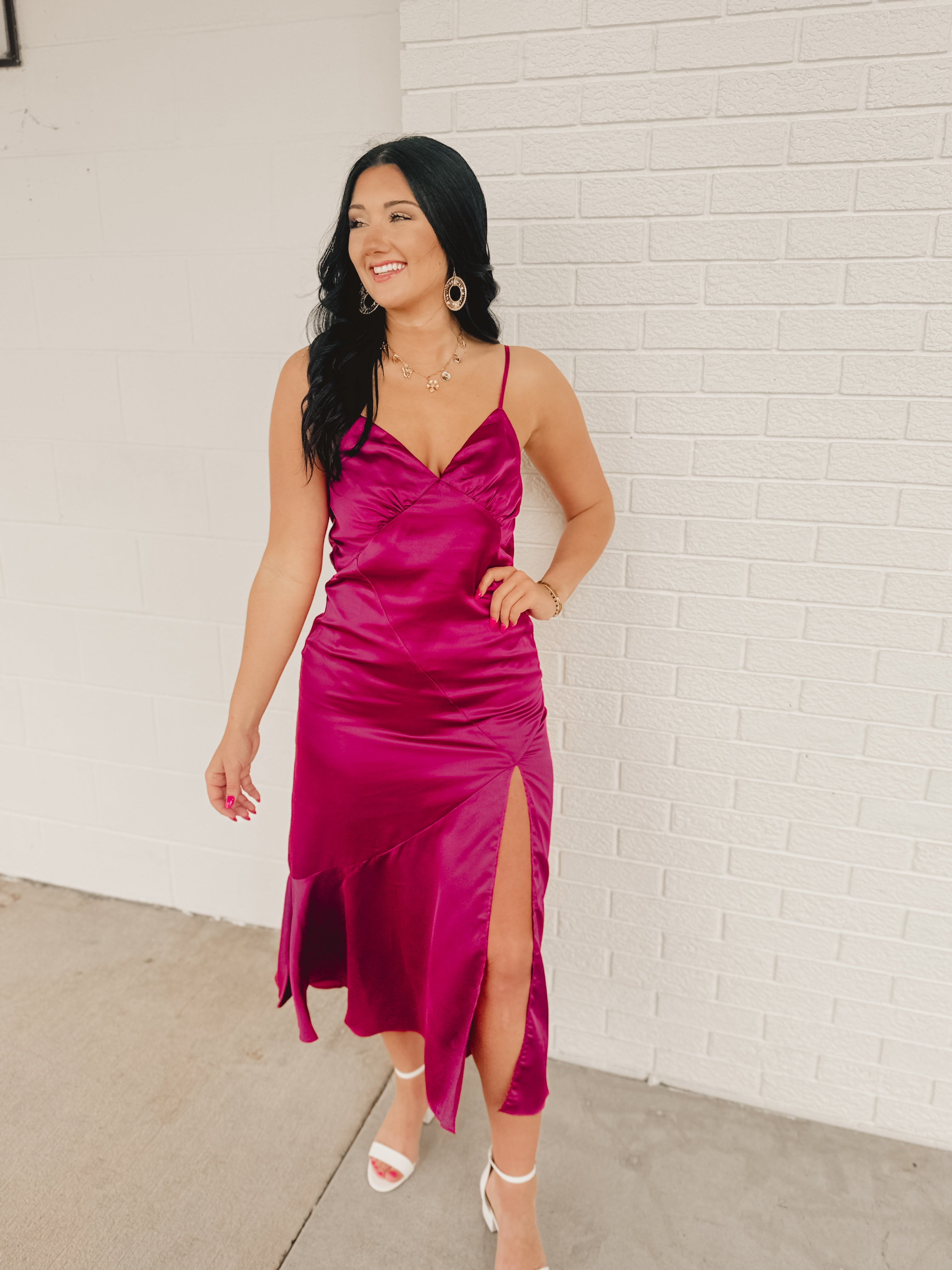 Tie-Back & Slit Midi Slip Dress - Deep Claret - Lace and Grace Boutique