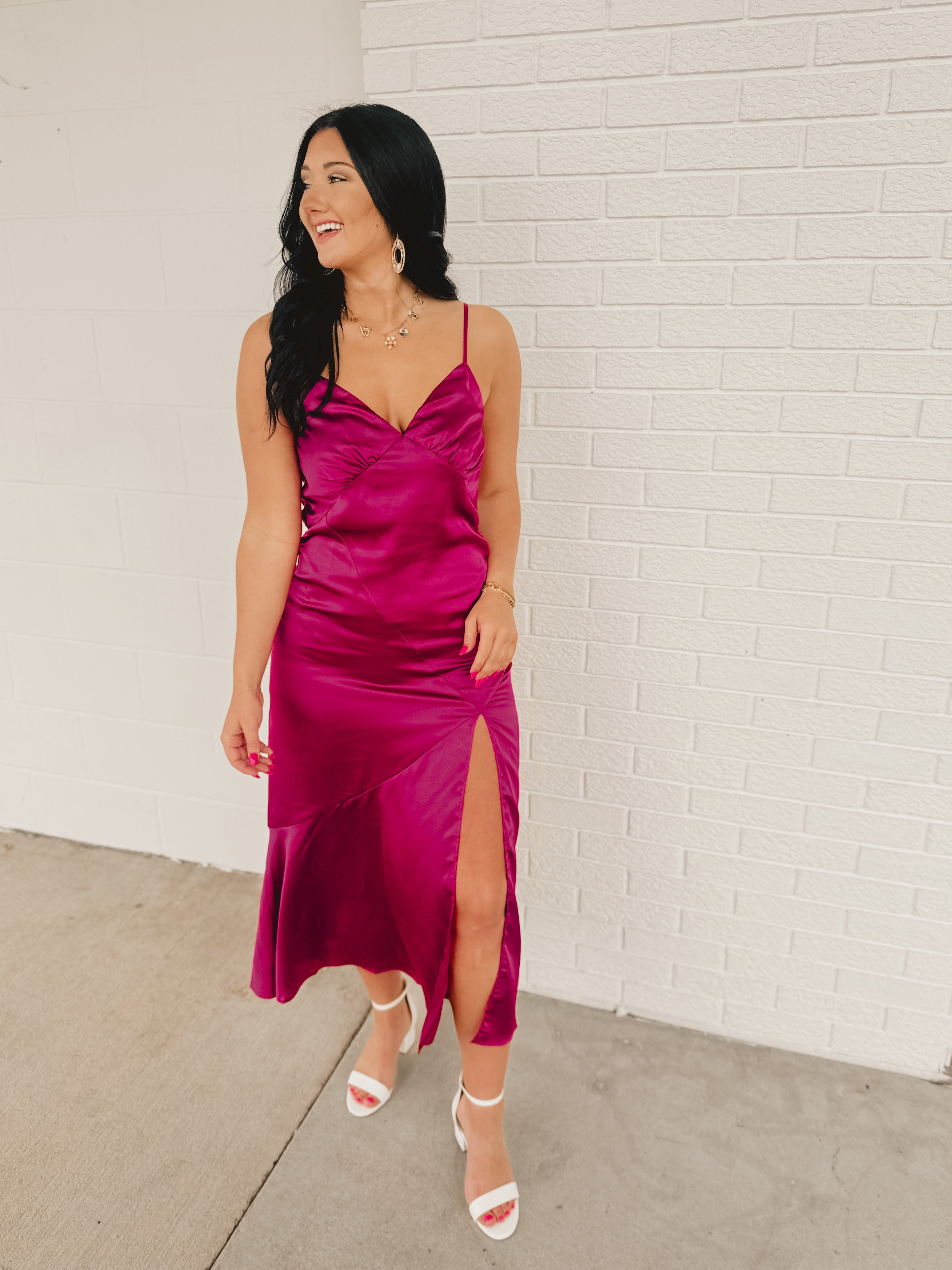 Tie-Back & Slit Midi Slip Dress - Deep Claret - Lace and Grace Boutique