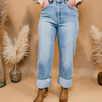 Gabby Super High Rise Cuffed Baggy Straight Jean - Light - Lace and Grace Boutique