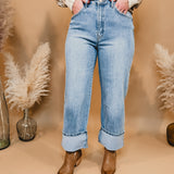 Gabby Super High Rise Cuffed Baggy Straight Jean - Light - Lace and Grace Boutique