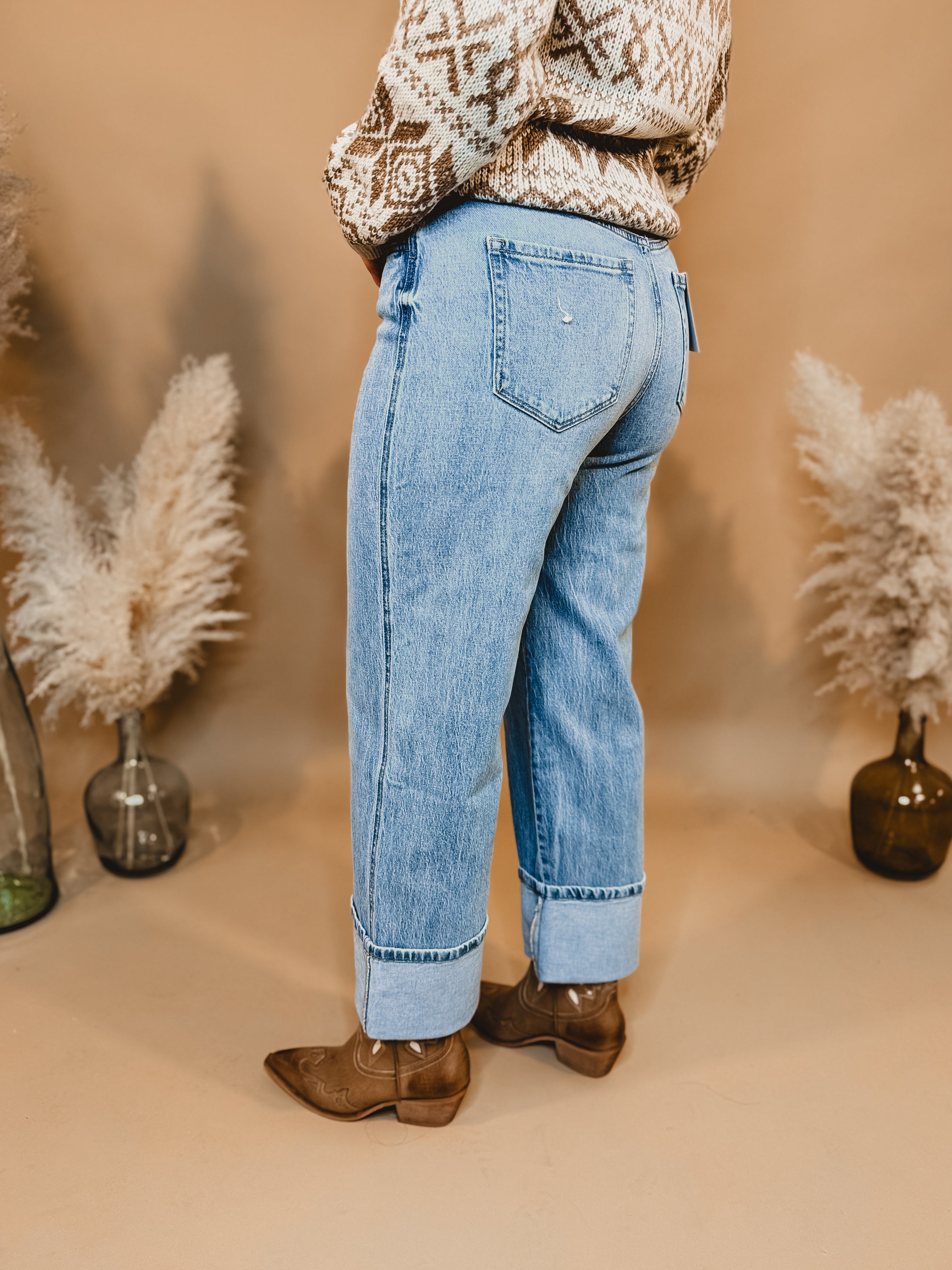 Gabby Super High Rise Cuffed Baggy Straight Jean - Light - Lace and Grace Boutique