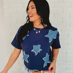 Denim Star Patch Top - Navy - Lace and Grace Boutique
