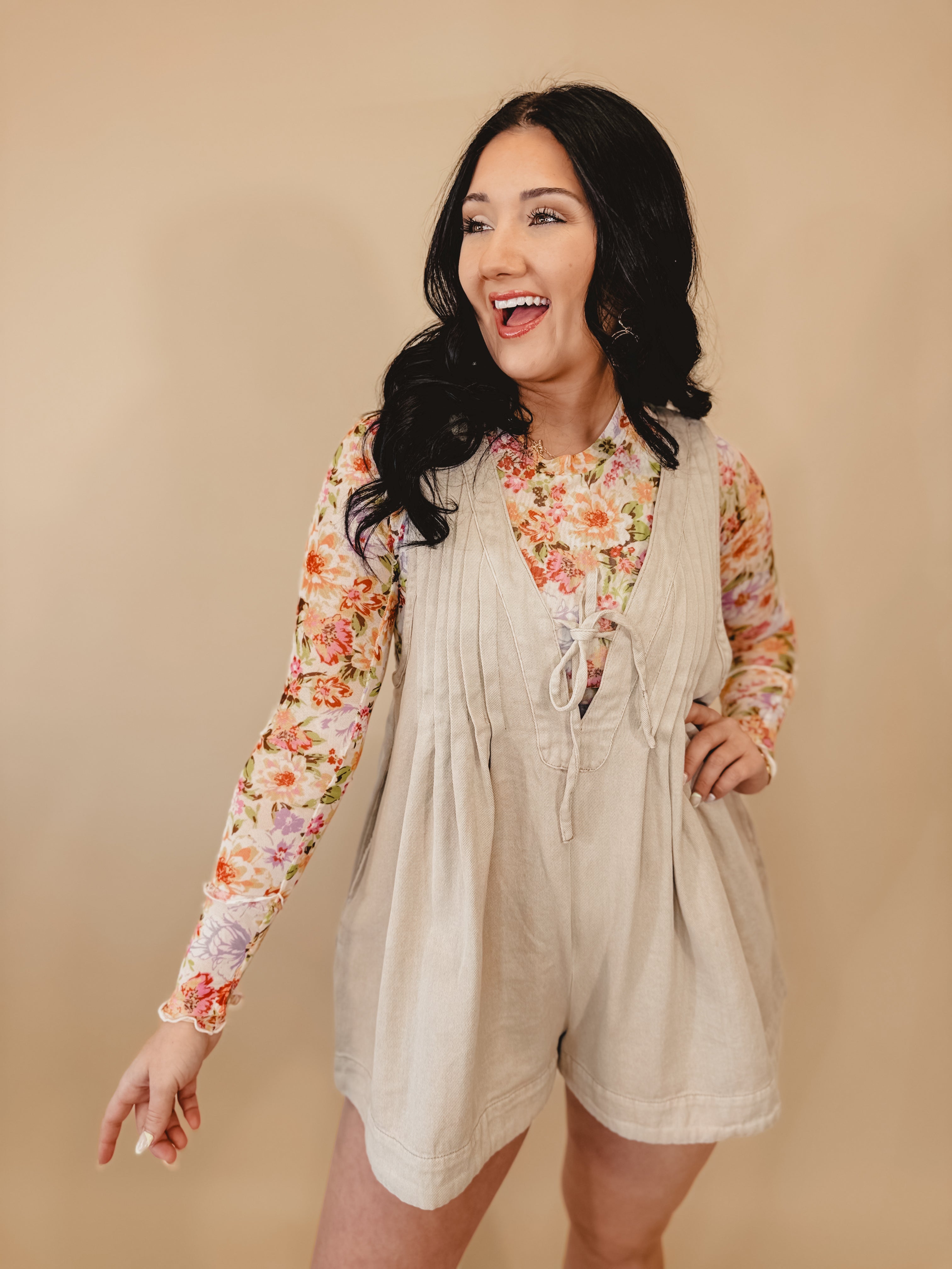 Nashville Nights Pleated Denim Romper - Taupe - Lace and Grace Boutique