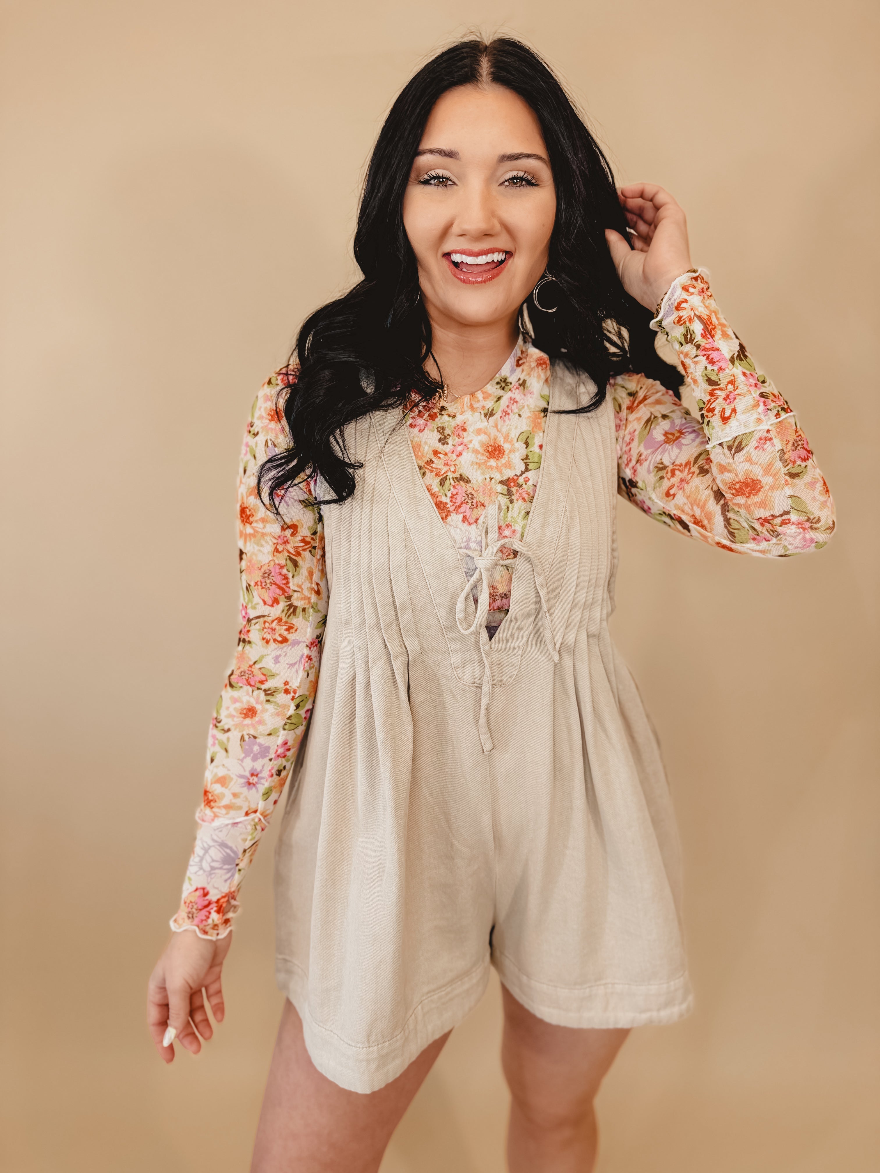 Nashville Nights Pleated Denim Romper - Taupe - Lace and Grace Boutique