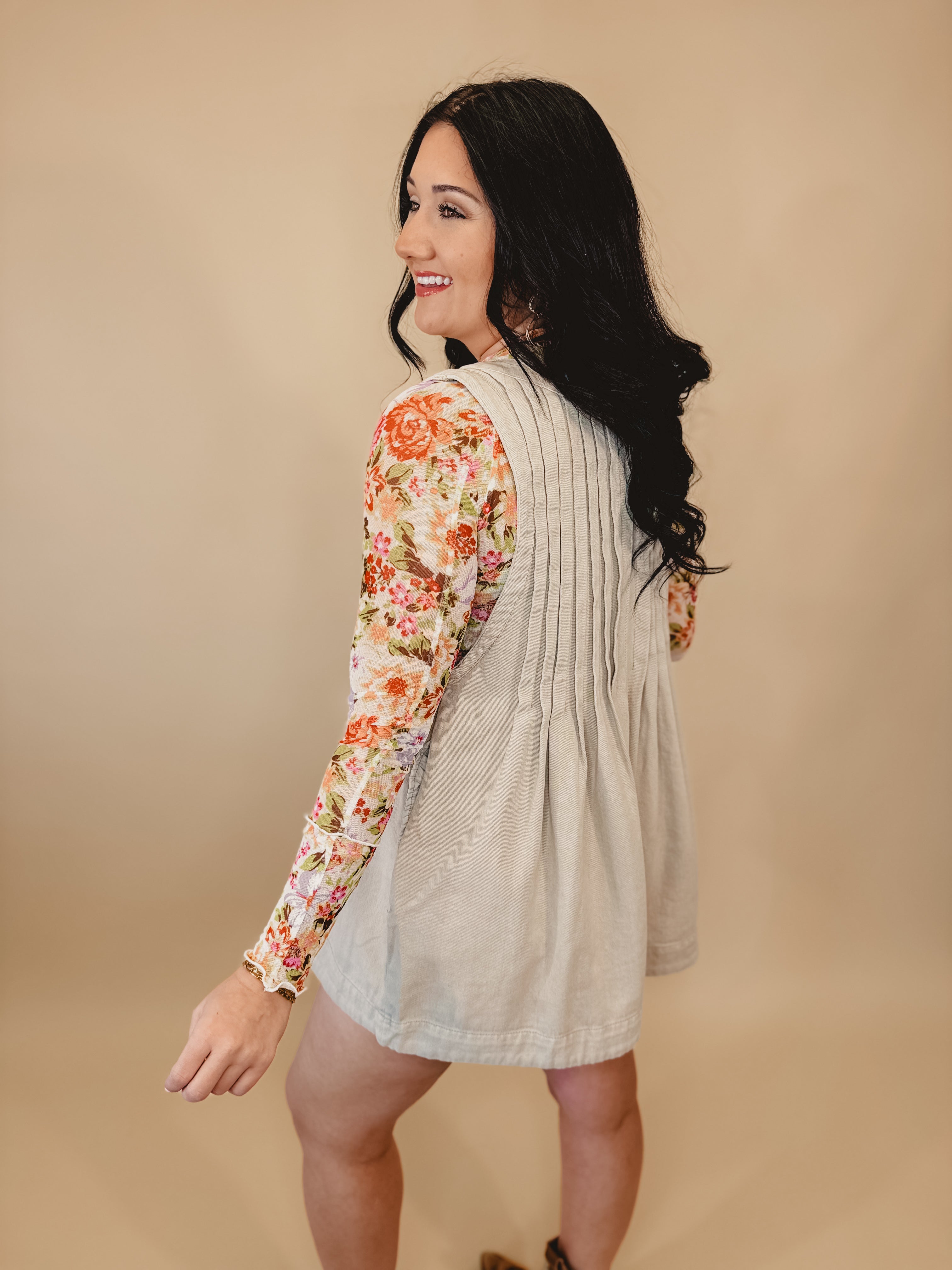 Nashville Nights Pleated Denim Romper - Taupe - Lace and Grace Boutique