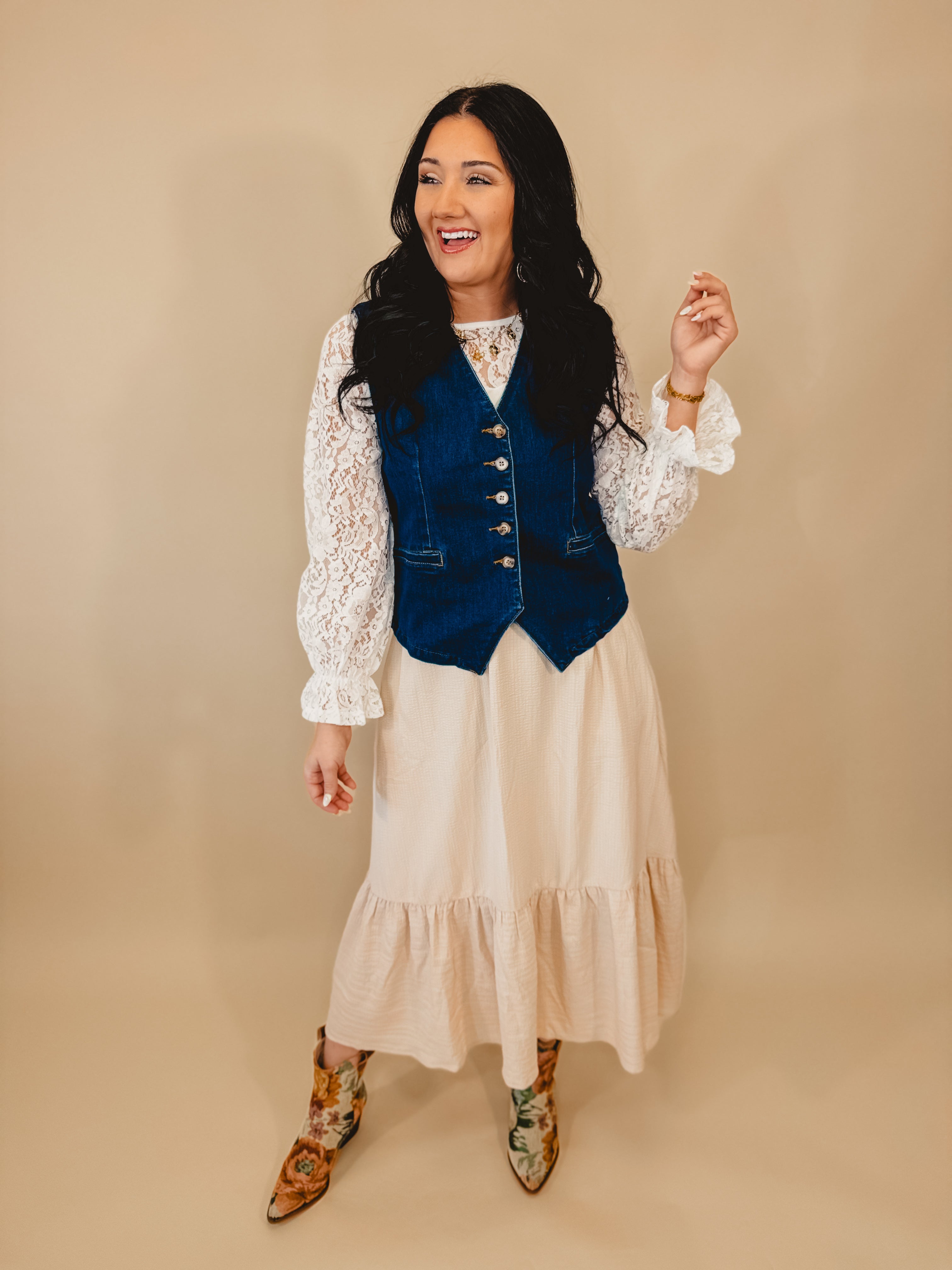 Denim Button Down Vest - Dark Denim - Lace and Grace Boutique