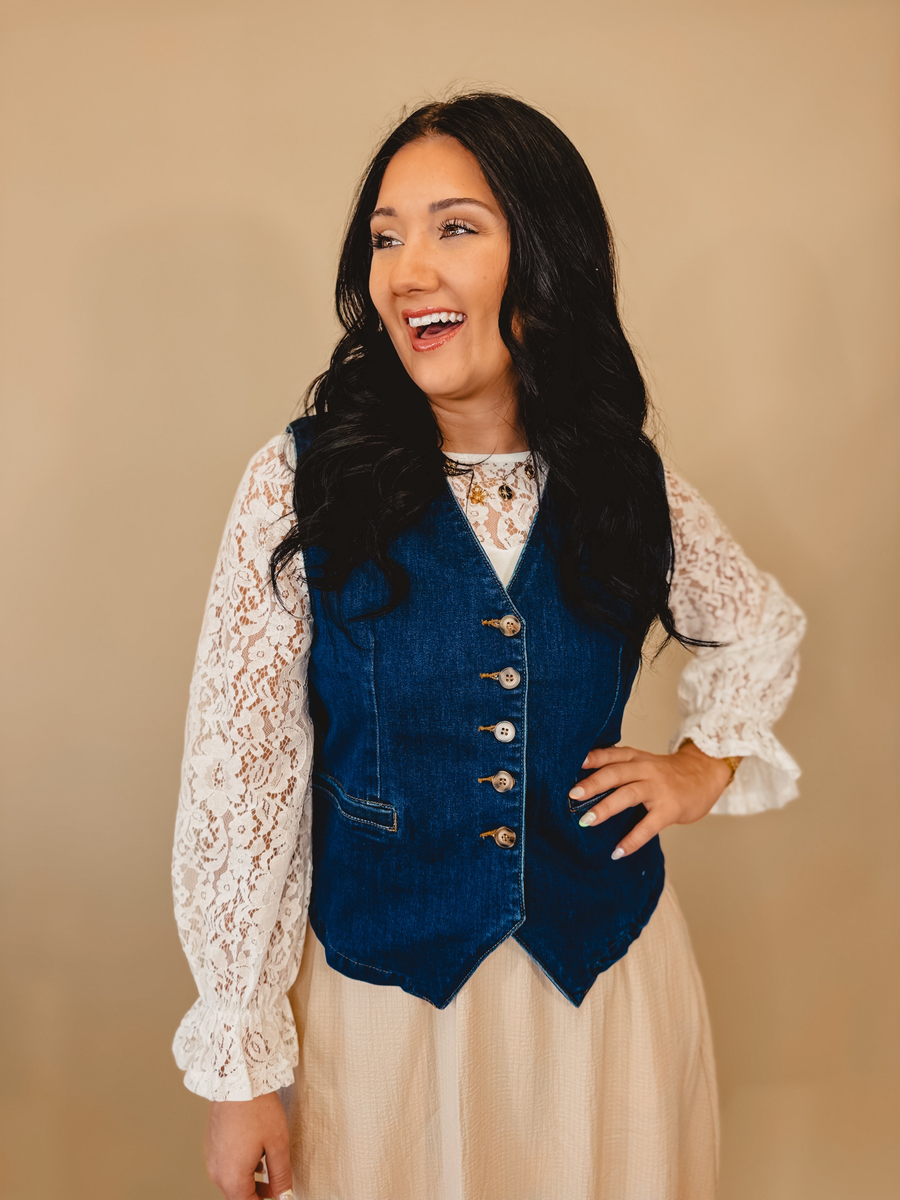 Denim Button Down Vest - Dark Denim - Lace and Grace Boutique