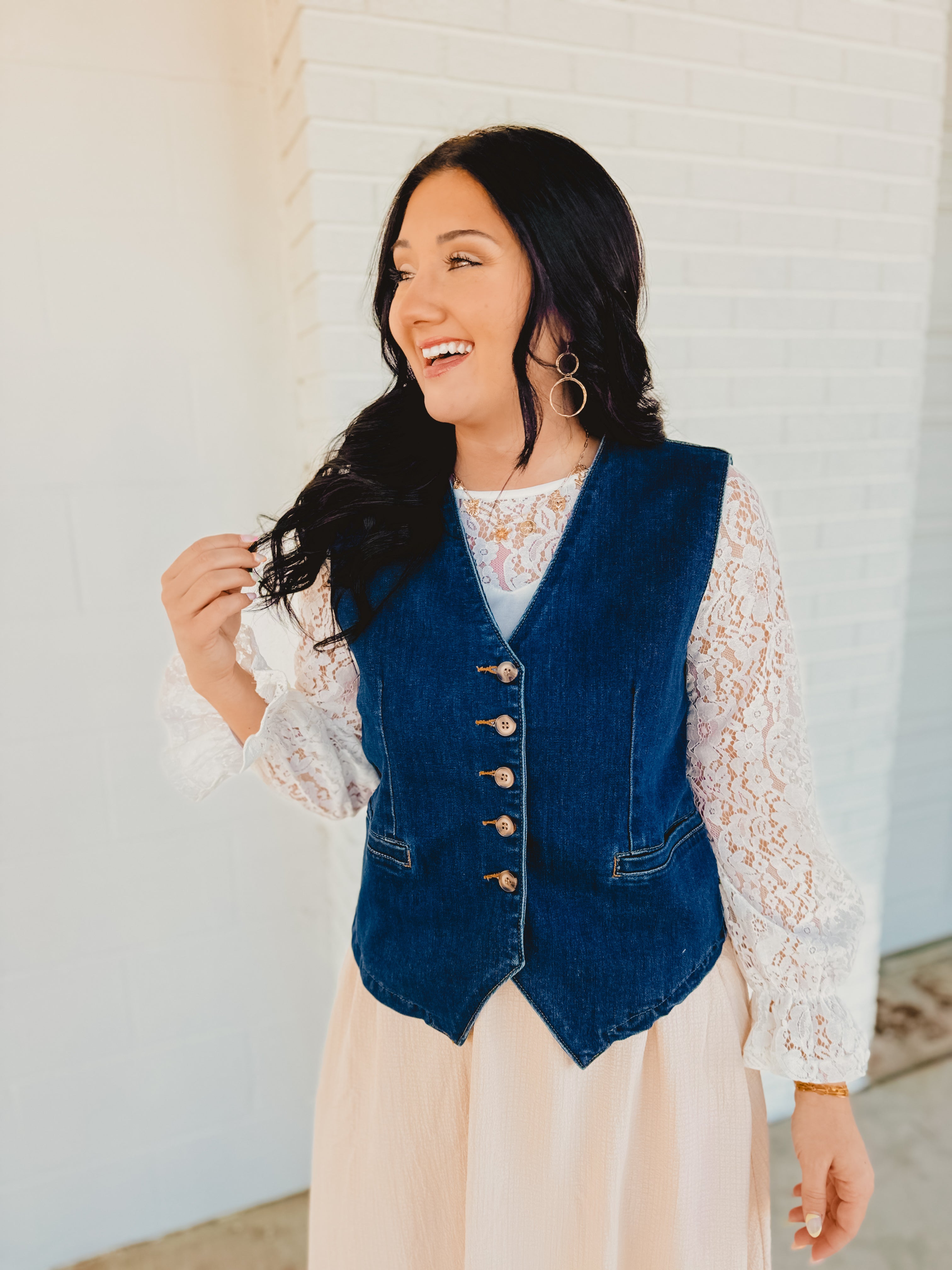 Denim Button Down Vest - Dark Denim - Lace and Grace Boutique