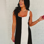 Wide Stripe Sleeveless Linen Mini Dress - Black/Cream - Lace and Grace Boutique