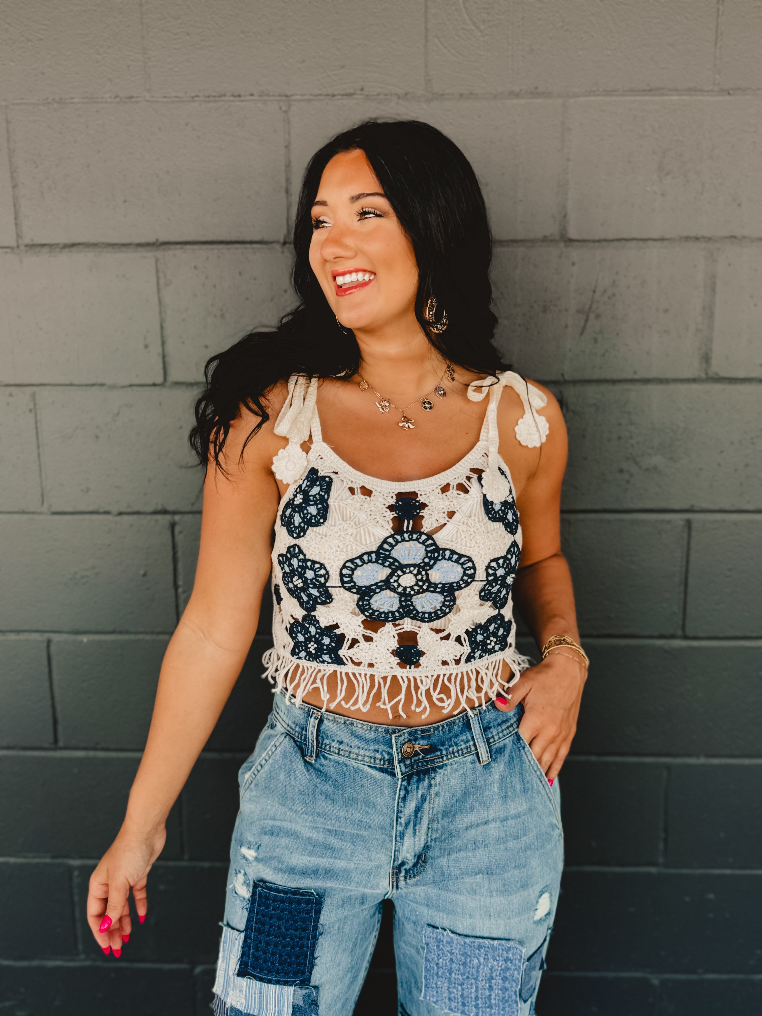 POL Crochet Weave Knit Tank - Blue/Cream - Lace and Grace Boutique