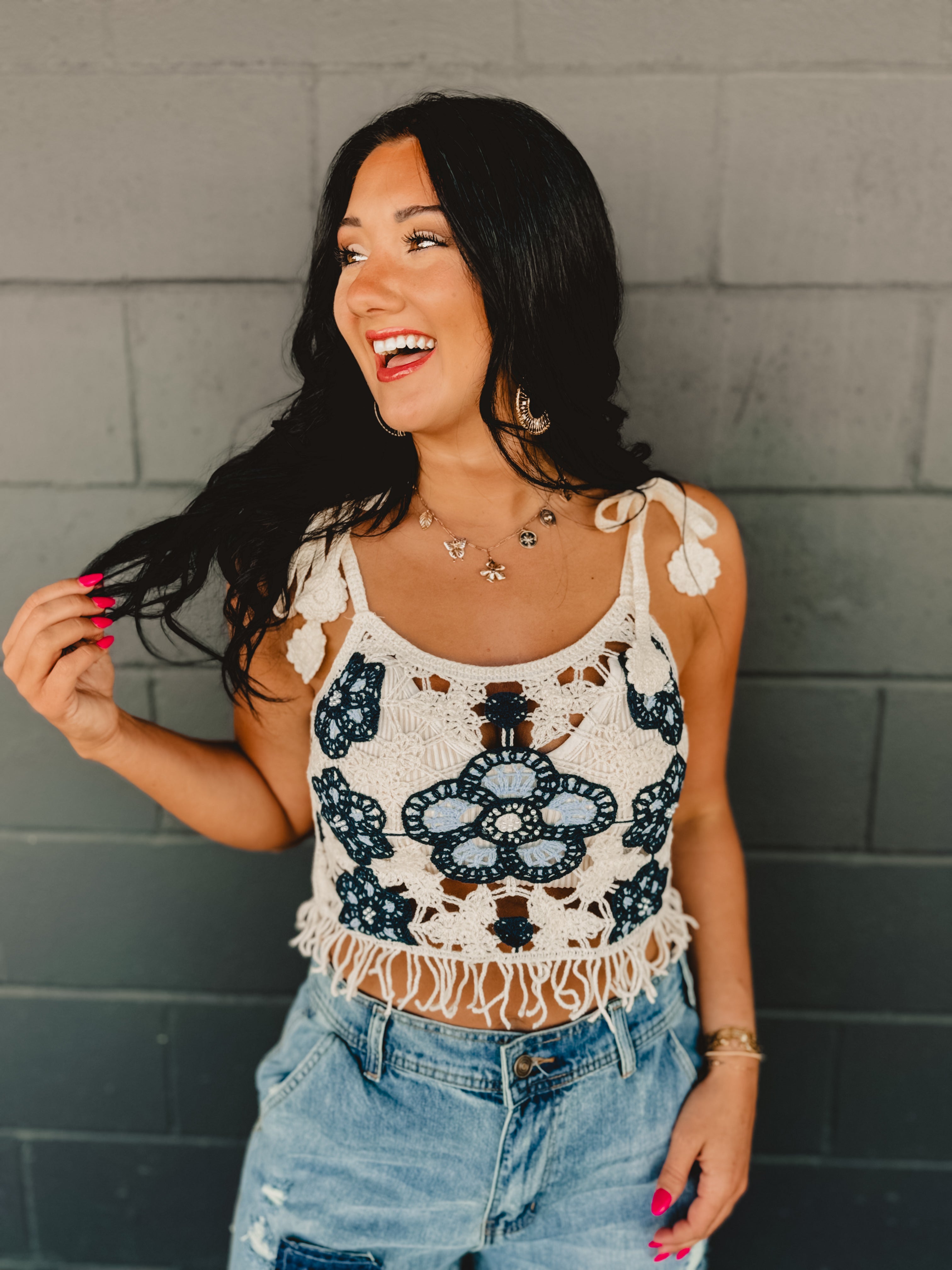 POL Crochet Weave Knit Tank - Blue/Cream - Lace and Grace Boutique