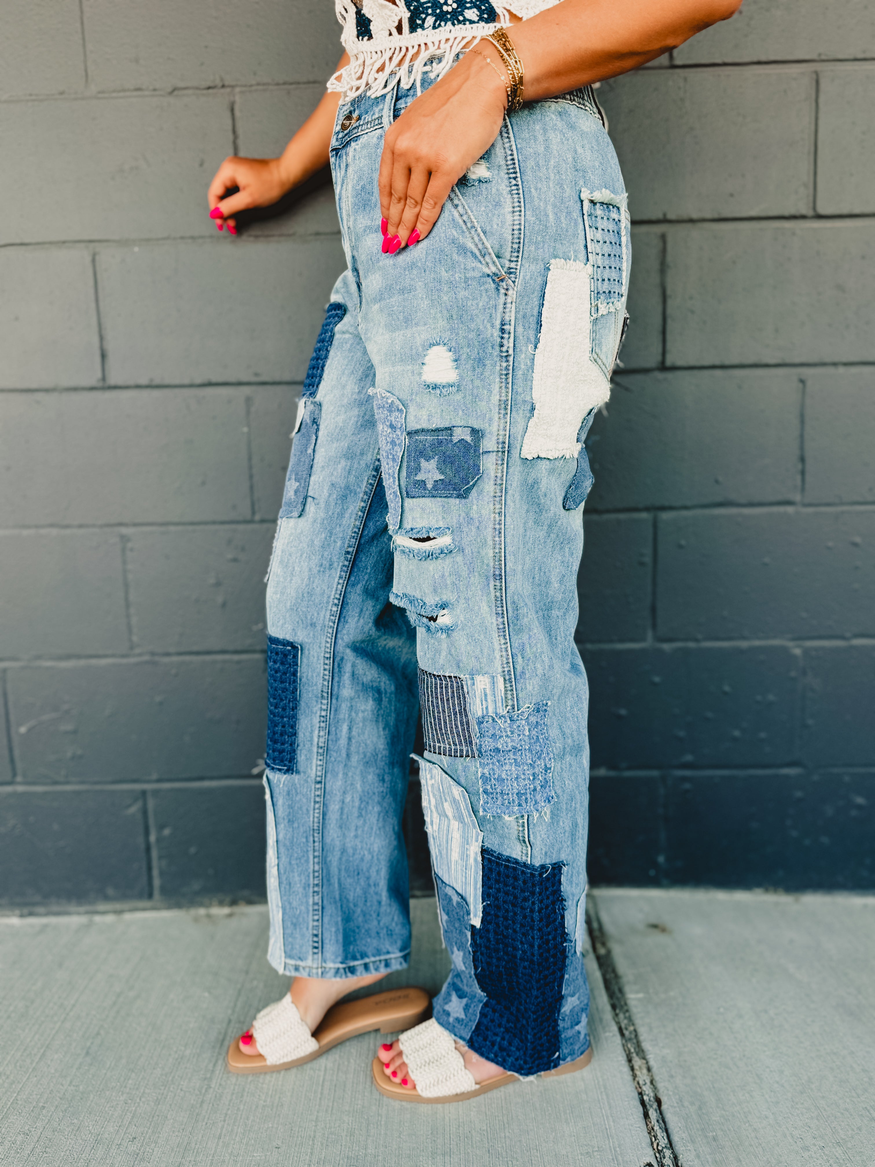 Oli & Hali Washed Patchwork Detail Jeans - Lace and Grace Boutique