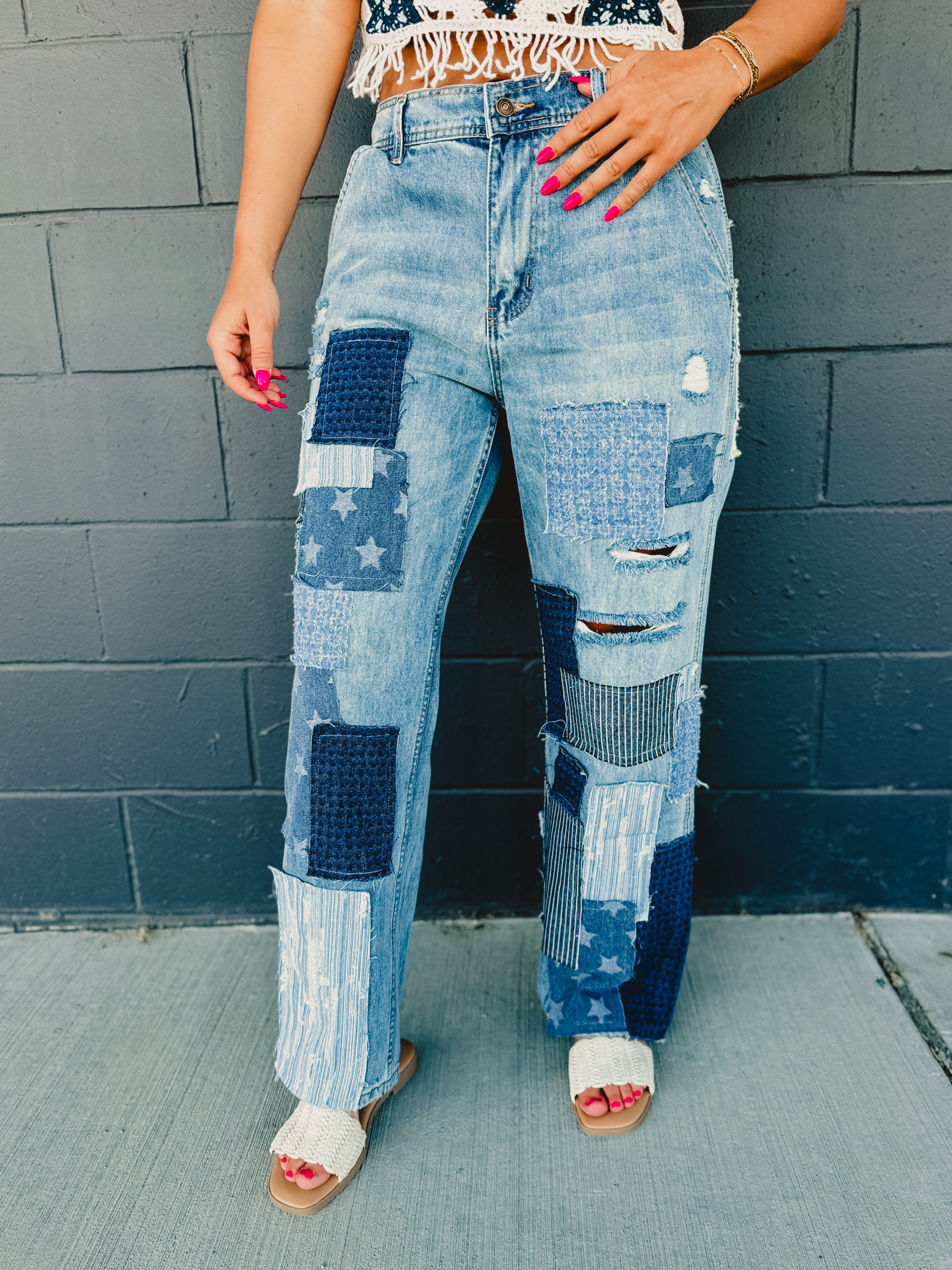 Oli & Hali Washed Patchwork Detail Jeans - Lace and Grace Boutique