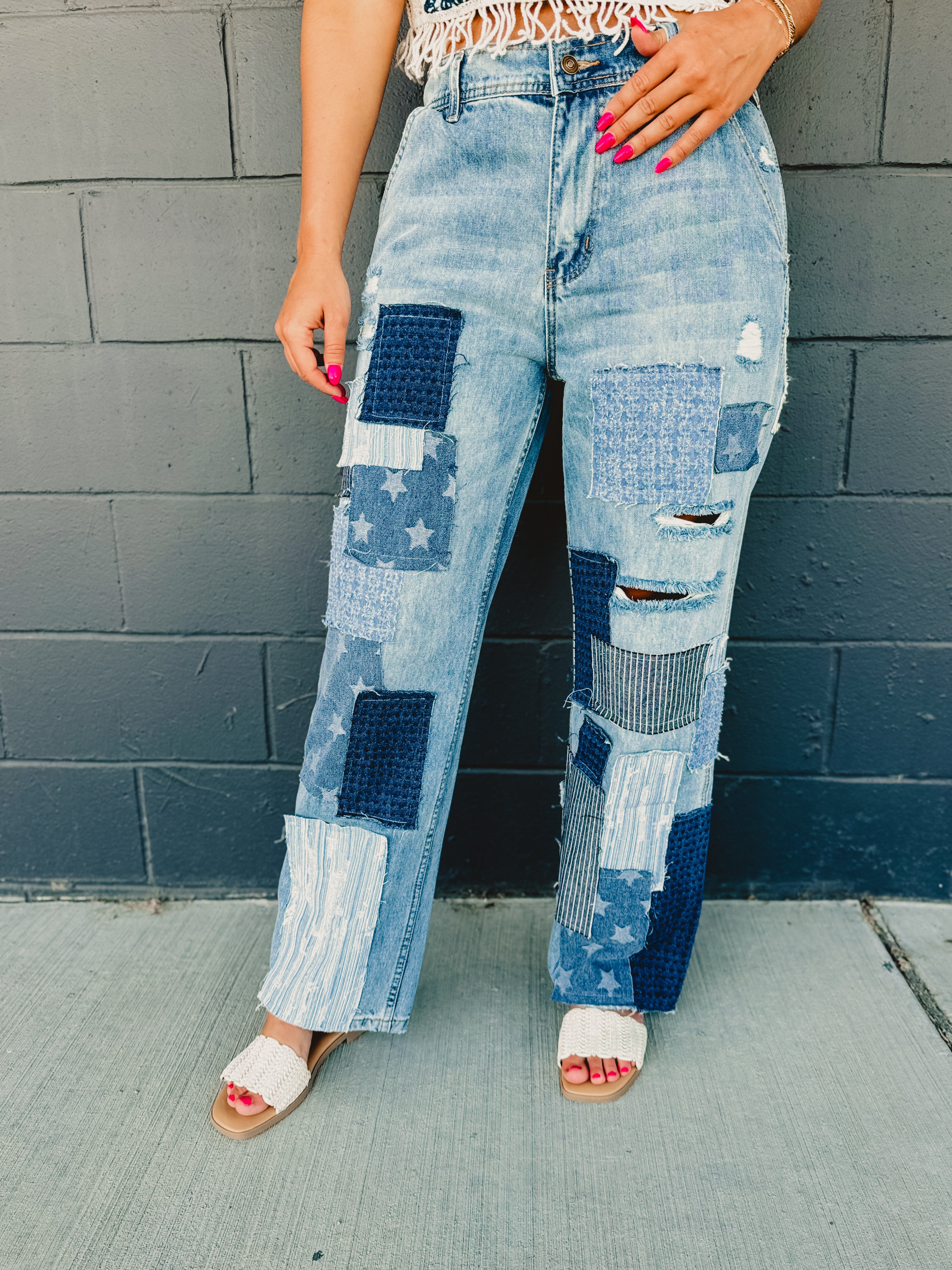 Oli & Hali Washed Patchwork Detail Jeans - Lace and Grace Boutique