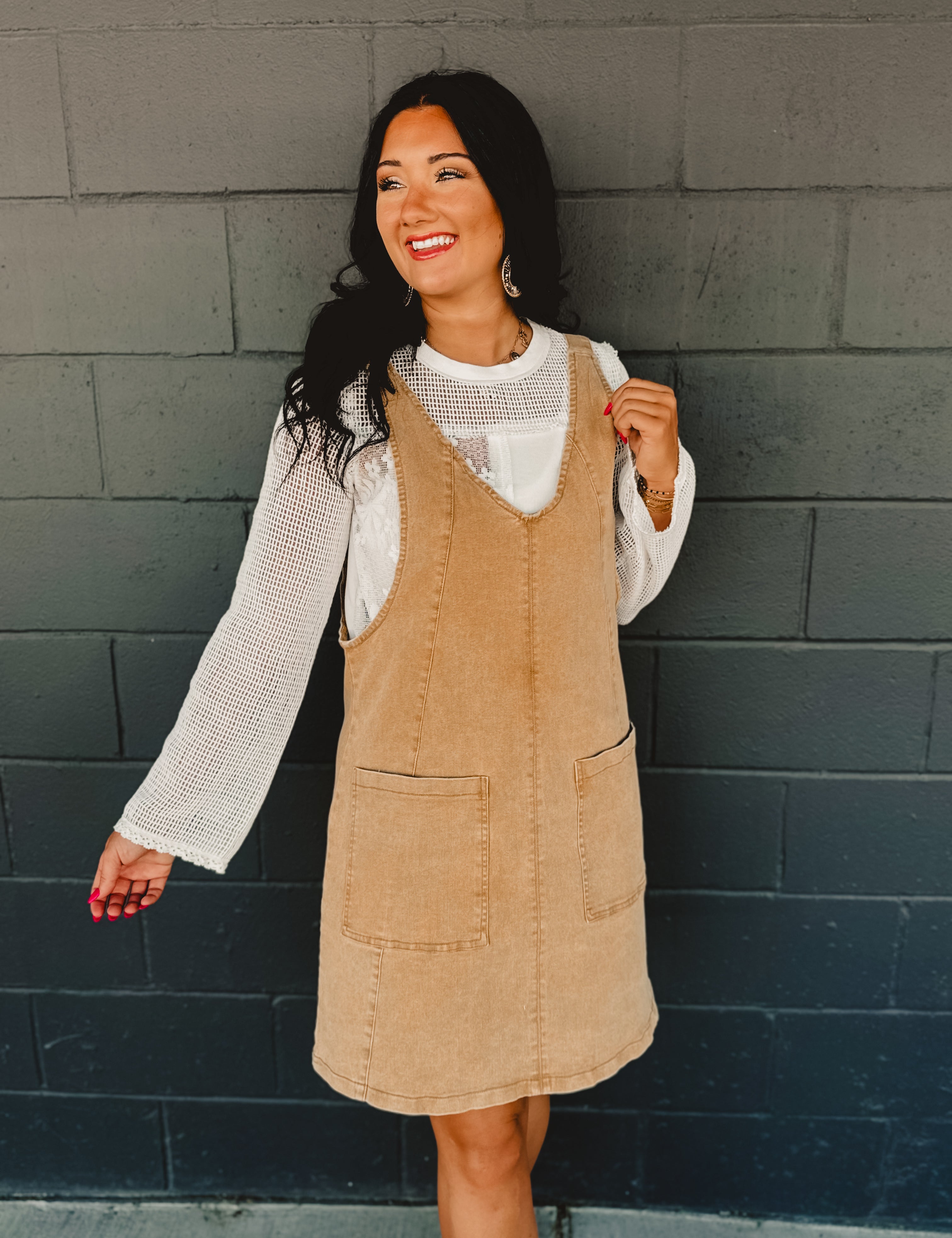 Stretched Denim Ovall Mini Dress - Latte - Lace and Grace Boutique