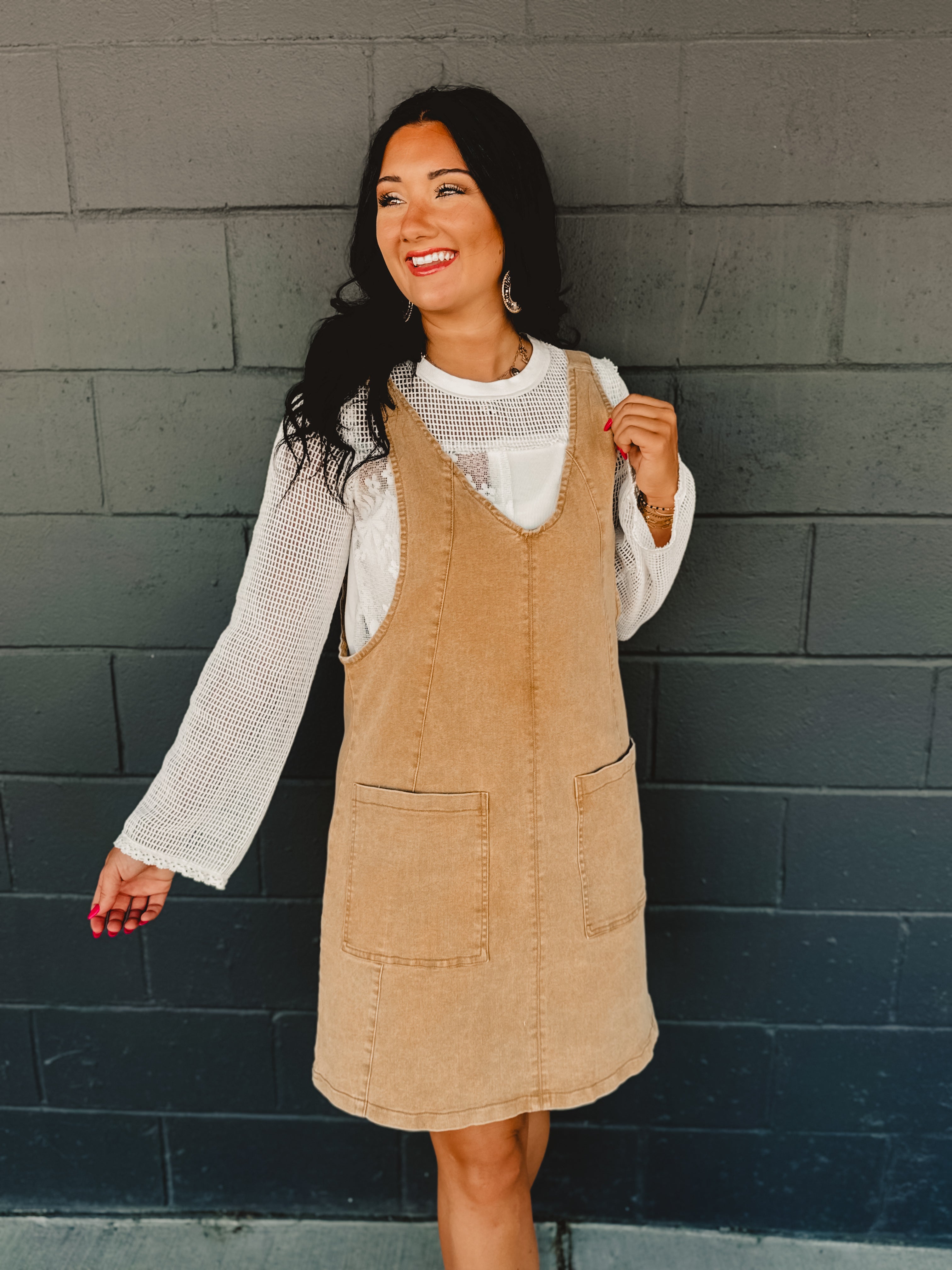 Stretched Denim Ovall Mini Dress - Latte - Lace and Grace Boutique