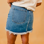 High-Waist Denim Raw Hem Mini Skirt - Lt. Wash - Lace and Grace Boutique