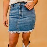 High-Waist Denim Raw Hem Mini Skirt - Lt. Wash - Lace and Grace Boutique