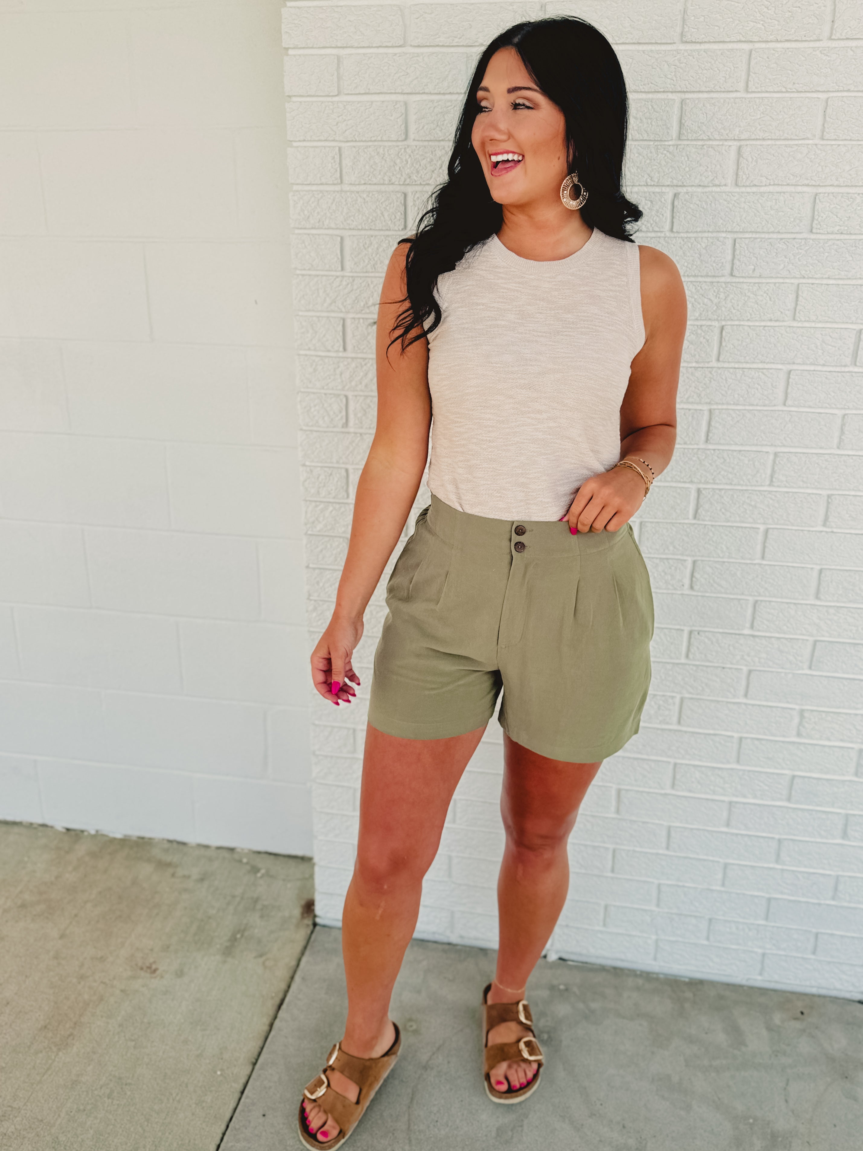 Breezy Linen Pleated Shorts - Olive - Lace and Grace Boutique