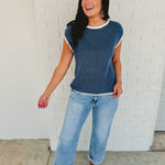 Contrast Rolled Edge Sweater - Nile Blue - Lace and Grace Boutique