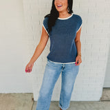 Contrast Rolled Edge Sweater - Nile Blue - Lace and Grace Boutique