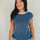 Contrast Rolled Edge Sweater - Nile Blue - Lace and Grace Boutique