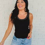 Scoop Neck Detail Knit Sweater Tank - Black - Lace and Grace Boutique