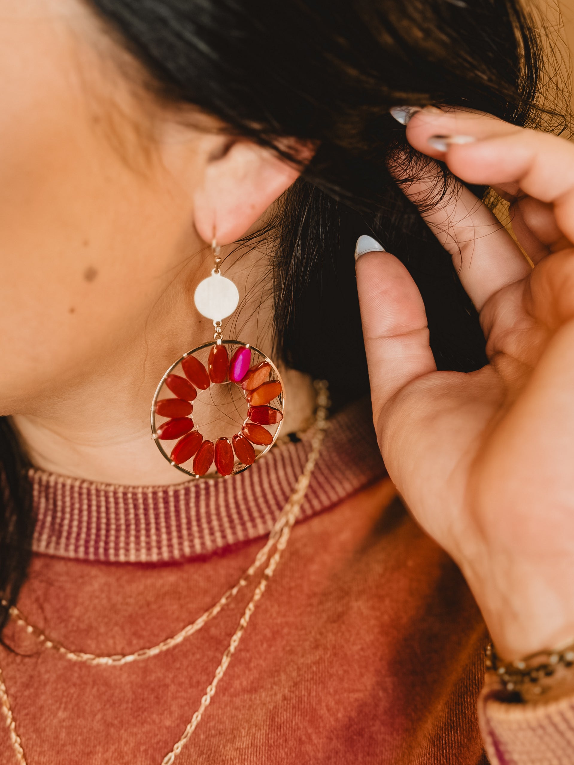 Gold Circular Drop Earrings - Wine - Lace and Grace Boutique