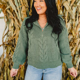 Chunky Cable Knit Half Zip Sweater - Sage