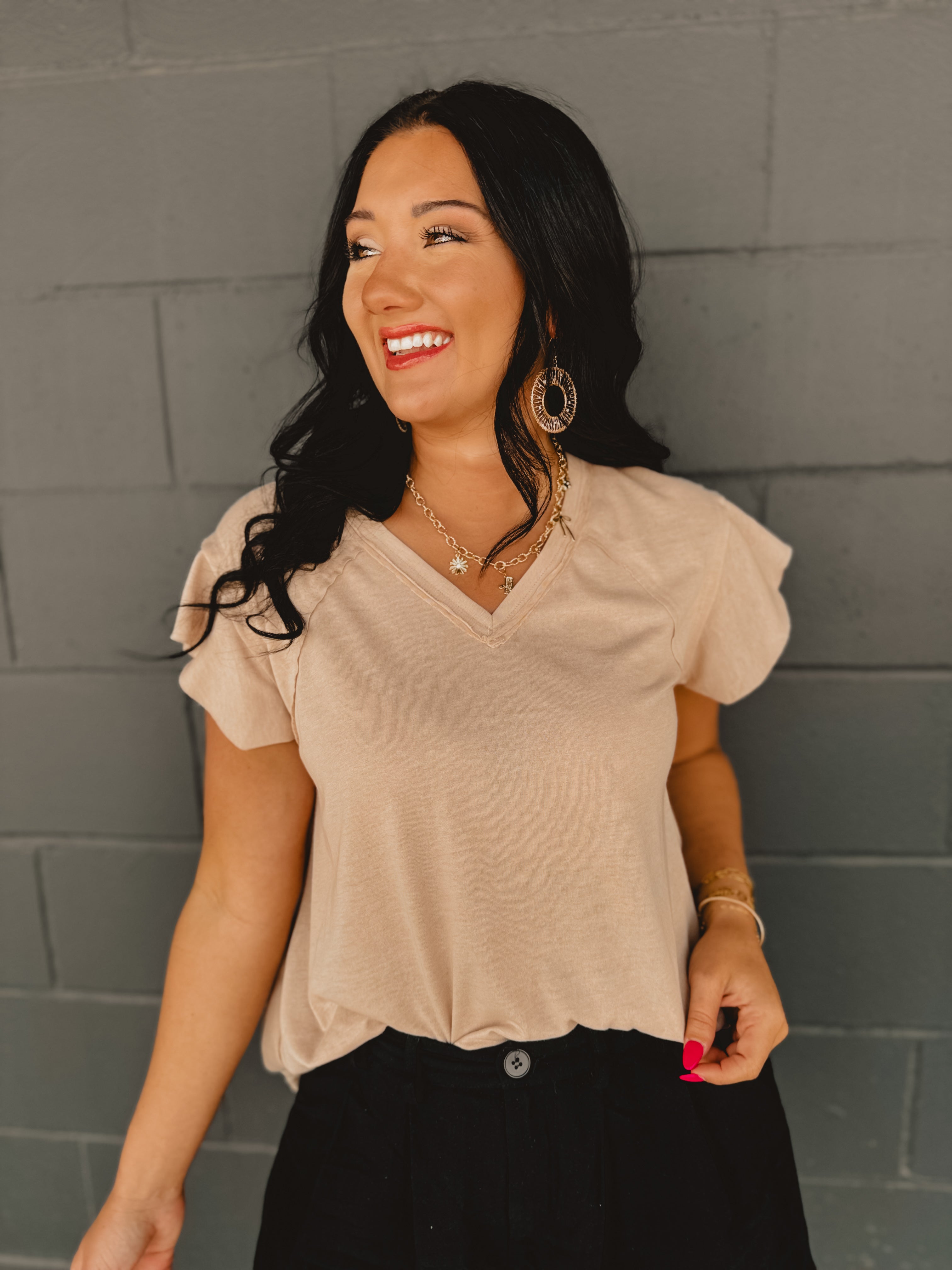 POL V-Neck Ruffle Sleeve Solid Basic Top - Beige - Lace and Grace Boutique